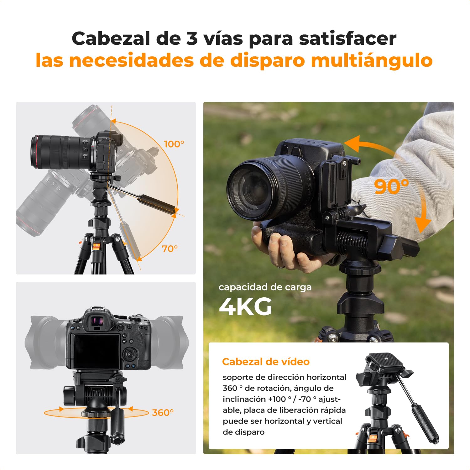 K&F CONCEPT Trípode Cámara 196cm | Cabezal Giratorio de 3 Vías, Inclinación +100°/-70°, Carga 4kg, Con Soporte para Teléfono, O234A3+BV01
