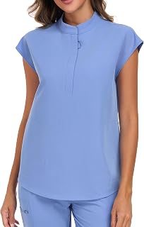 Medical Scrub Tops for Women Zipper Front and Four Way Stretch Shirts Short Sleeves Top with Two Side Pockets