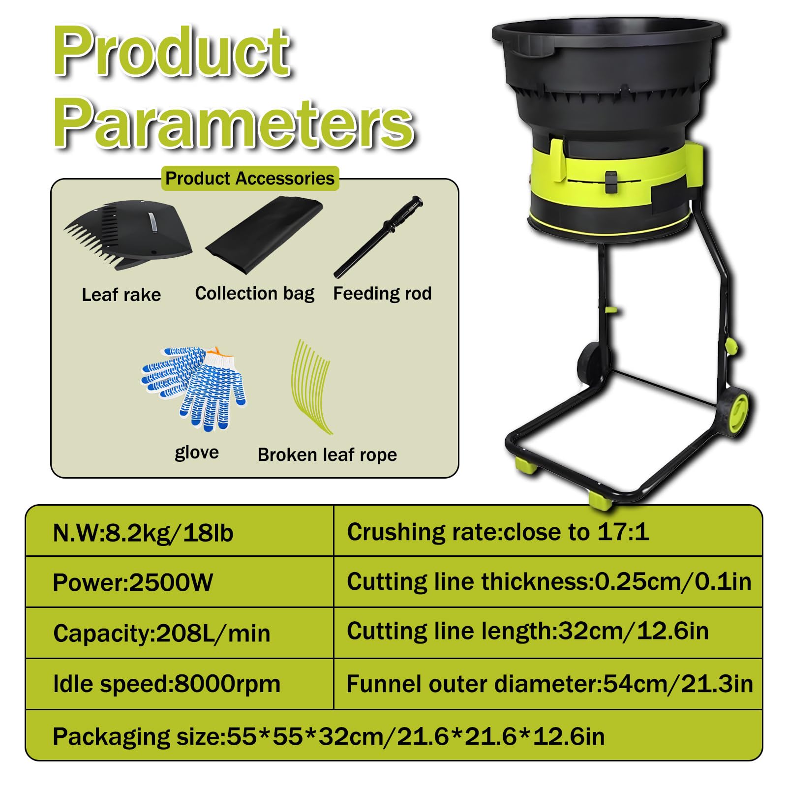 Trituradora y trituradora de jardín, 8000 RPM, Embudo Grande de 54 cm, para Hojas, Ramas y residuos de jardín, con rastrillo y Bolsa de Almacenamiento. NoPowerCord