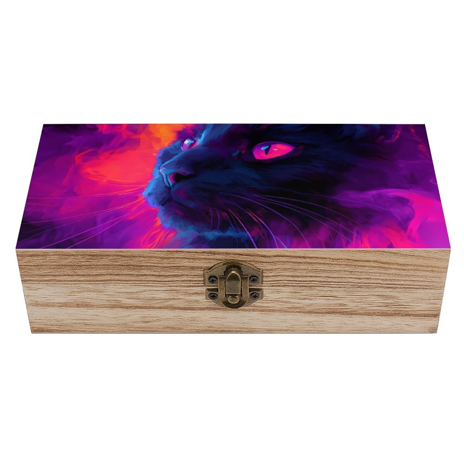 HLBSDM Neon Cat Mainecoon Wooden Storage Box Craft Memory Keepsake Treasure Chest Box Jewelry Organizer