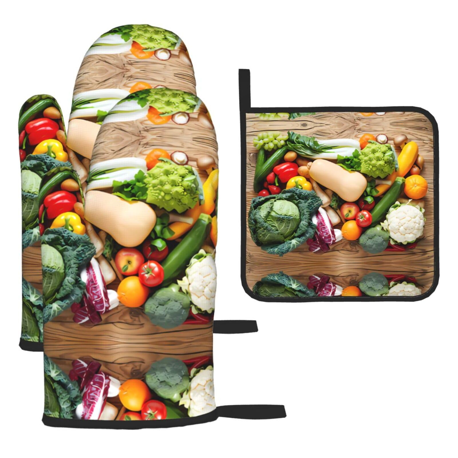 Fresh Vegetables and Fruits Printed Kitchen Oven Mitt Set 3-Piece Heat Resistant Gloves with Pot Holder Mat for Cooking Baking BBQ
