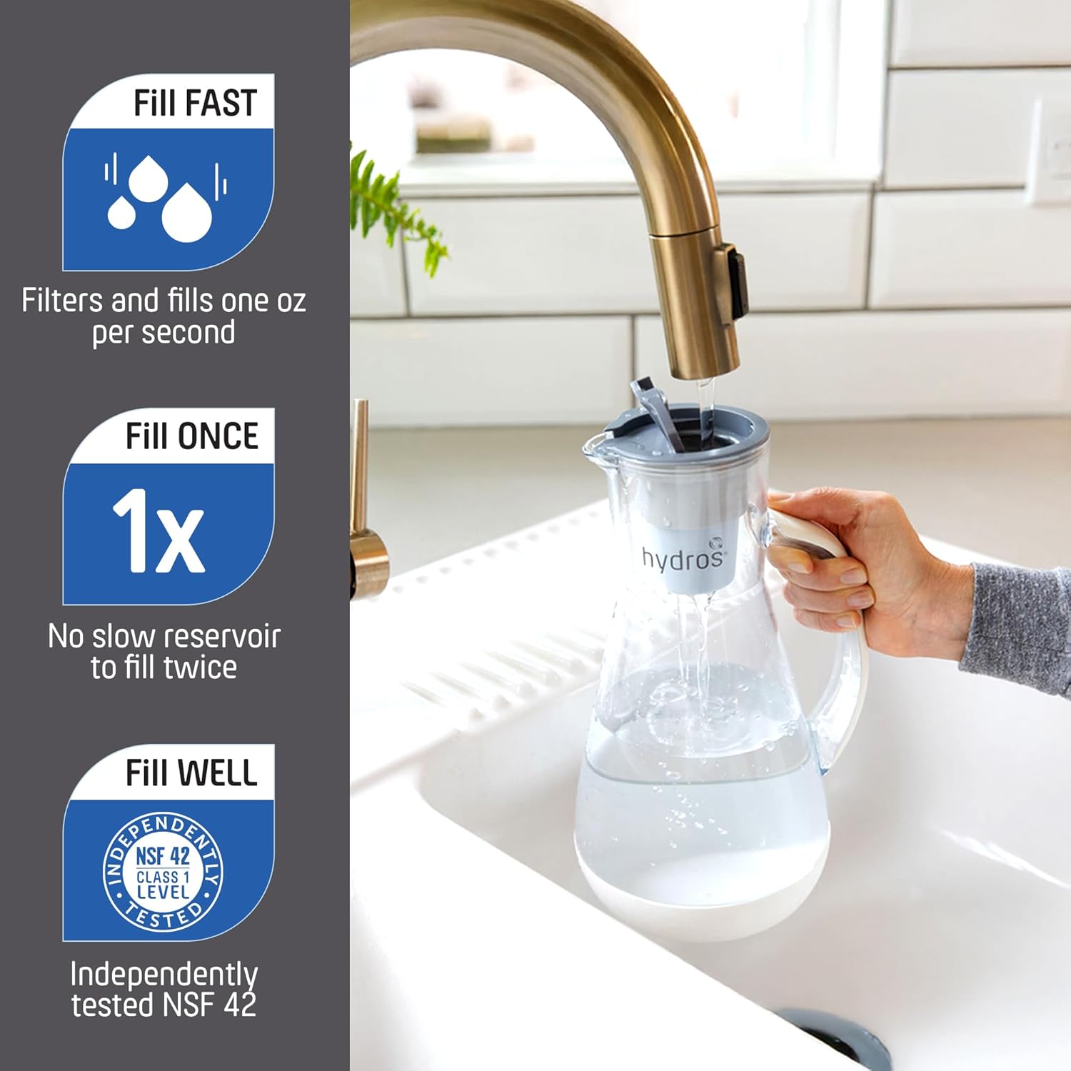 Hydros 64 Ounce Water Filter Pitcher with Patented Fast Flo Tech, 60 Second Quick Fill-Up and BPA-Free Recyclable Filter, Eight Cup Capacity, Grey