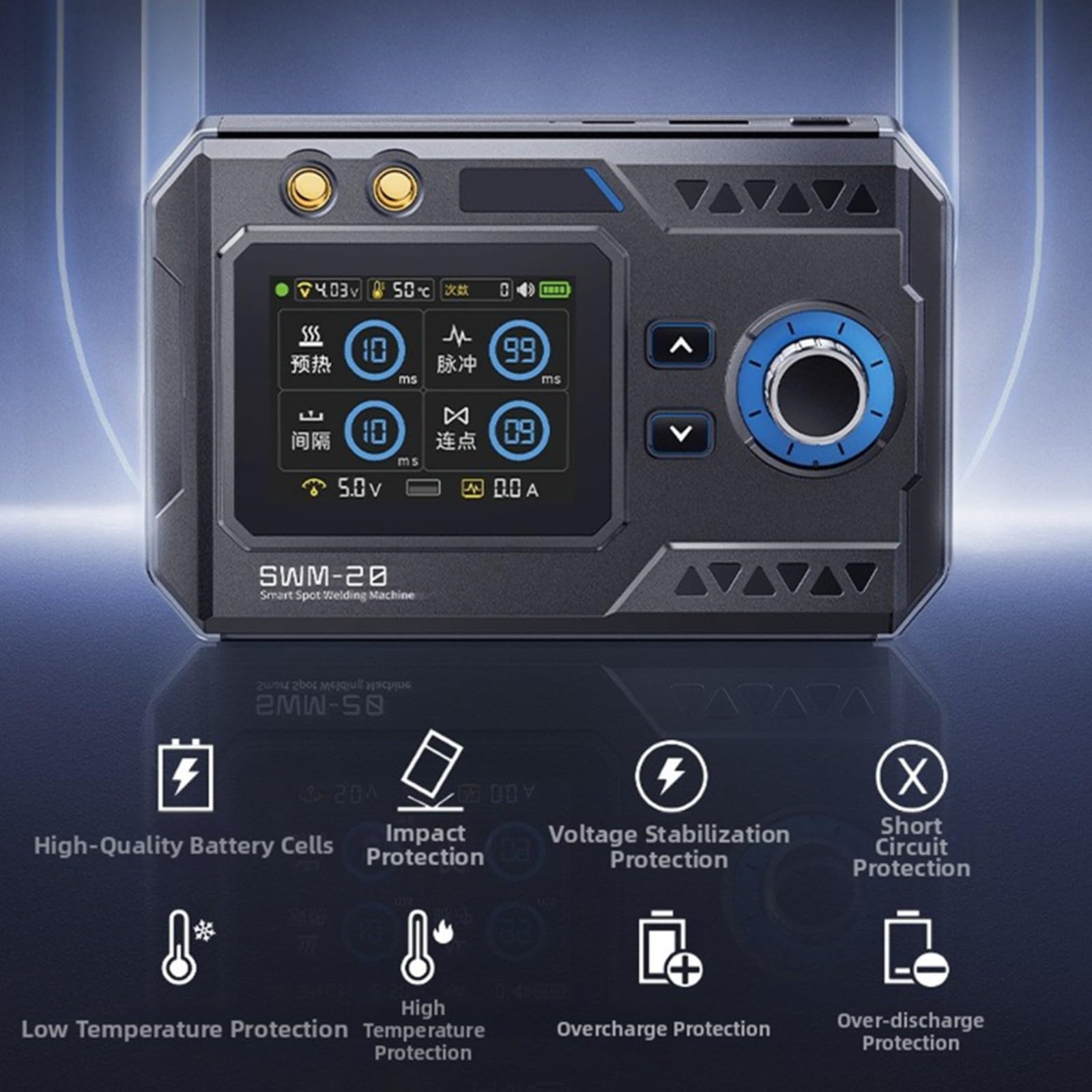 SWM-20 - Saldatrice a punti a doppia pulsazione, tenuta a mano, 1200 A, alta corrente con batteria ricaricabile da 5000 mAh, penna di saldatura in rame e display a colori TFT da 2,4 pollici