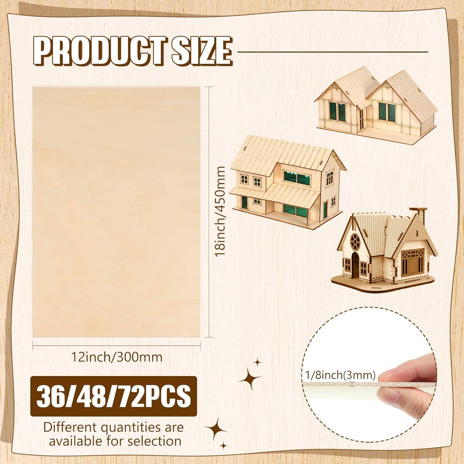 Riakrum Basswood Sheets Plywood Board Unfinished Wood Boards for Crafts for DIY Laser Projects Architectural Mini House Building Hobby Model Making(12 x 18 x 1/8 Inch,48)