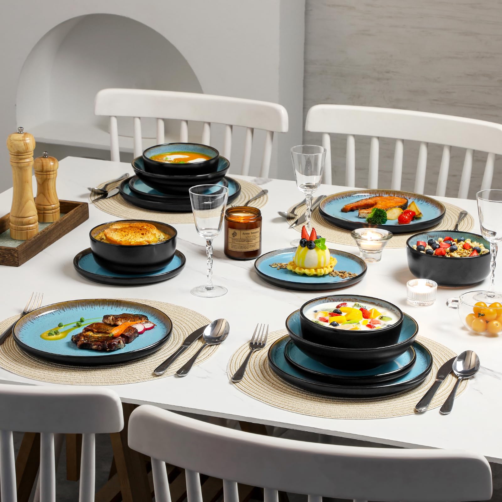 vancasso AMBER Juego de Vajilla Completo para 6 Personas, Plato Vajilla 24 Piezas de Gres - Platos Llanos, Platos de Postre, Ensaladeras y Cuencos - Apto para Lavavajillas, Esmalte Reactivo Azul