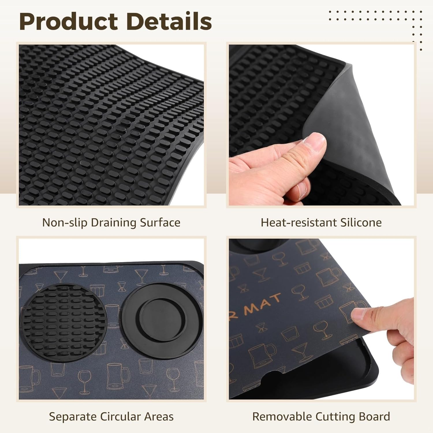Foldable Silicone Bar Mat for Cocktail Prep & Coffee Stations, Heat-Resistant Non-Slip Countertop Mat, Cutting Boards for Kitchen & Bar
