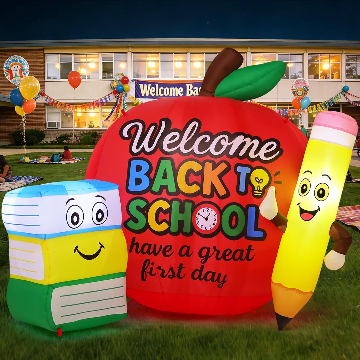 COMIN 6.7 FT Back to School Inflatable Decorations Outdoor, Apple Pencil Book Blow Up Yard Decor with LED Lights for First Day School Welcome Party Photo Props