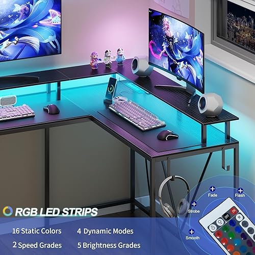 Vista 4 de L Shaped Gaming Desk with Power Outlets and LED Lights, 53 inch Cornor Computer Desk with Storage Shelves, Gamer Desk with Storage Bag and Hooks