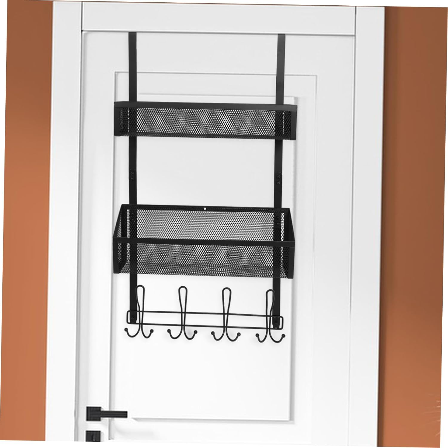 GLEAVI Door Organizer for Bedroom Over The Door Mesh Basket Storage Rack No-Drill Hanger Hooks Towel Coat Hooks