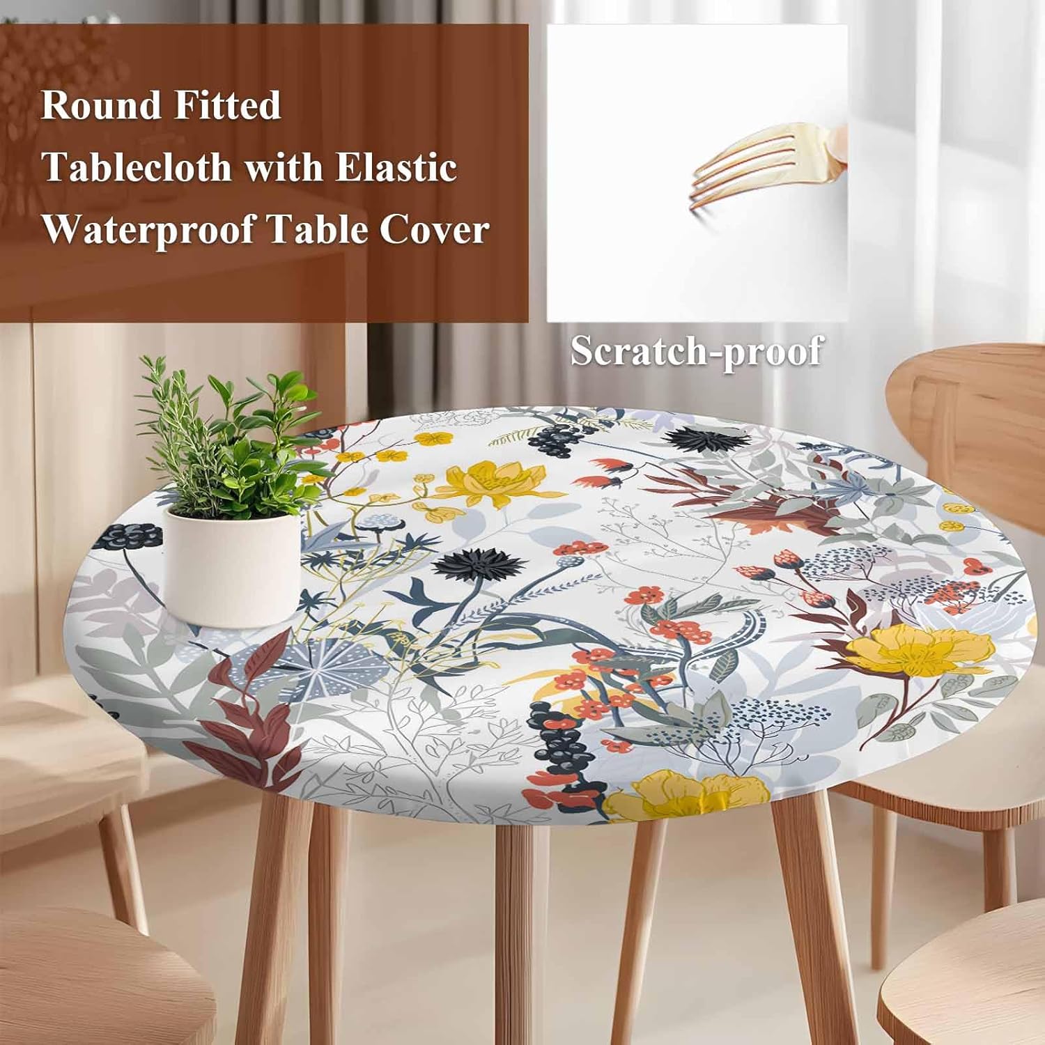 SEVENBABU Spring Round Tablecloth Table Cover 55-60 Inch Waterproof Reusable Table Cloth Round Cover Fitted Tablecloth with Elastic Edged Spring Dandelion Leaf Yellow Flower Outdoor Tablecloth