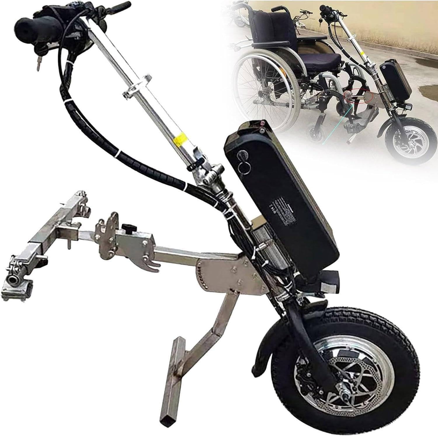 Kit de conversión de silla de ruedas eléctrica, motor de 500 W, ajuste de 3 velocidades, batería de 48 V 17 Ah, rango de 70 km, incluye amortiguador para una mayor movilidad