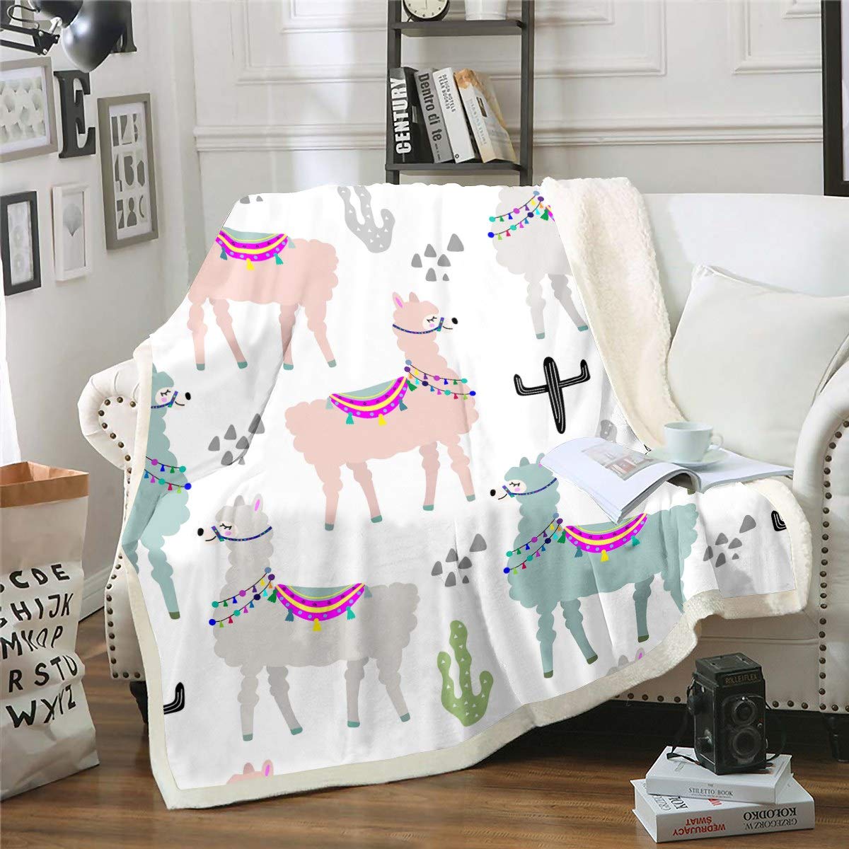 Loussiesd Multicolored 24 Cute Cartoon Llama Fleece Blanket Lovely Llama Alpaca Design Sherpa Throw Blanket For Sofa Couch Tribal Cactuswarm Plush Blanket Reversible Exotic Animal Baby 30"X40"