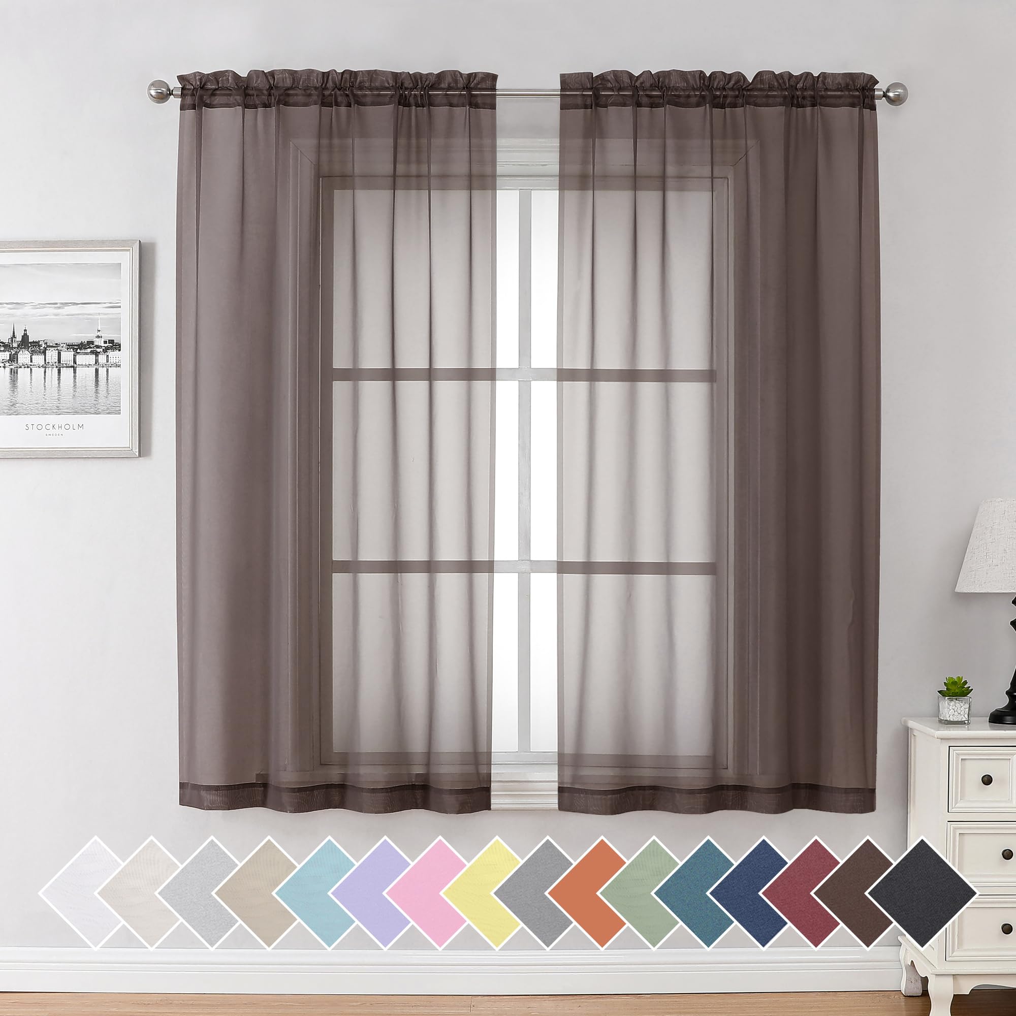 Aiyufeng Set of 2 Chocolate Sheer Curtains 63 Inch Long, Solid Voile with Double Rod Pocket, Elegant and Breathable Curtains for Nursery, Bedroom, Living Room, 40" W x 63" L 2 Panels