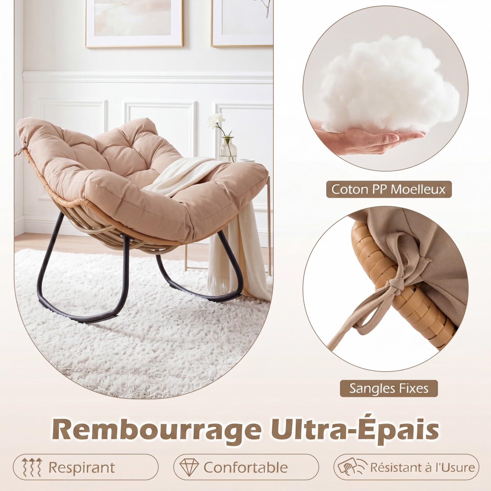 COSTWAY Fauteuil à Bascule Exterieur Interieur XXL, Fauteuil de Jardin en Rotin PE Tressé, Cadre en Métal, Coussin Épais Amovible, Rocking Chair pour Balcon Salon Porche, Charge 140 kg (Beige)