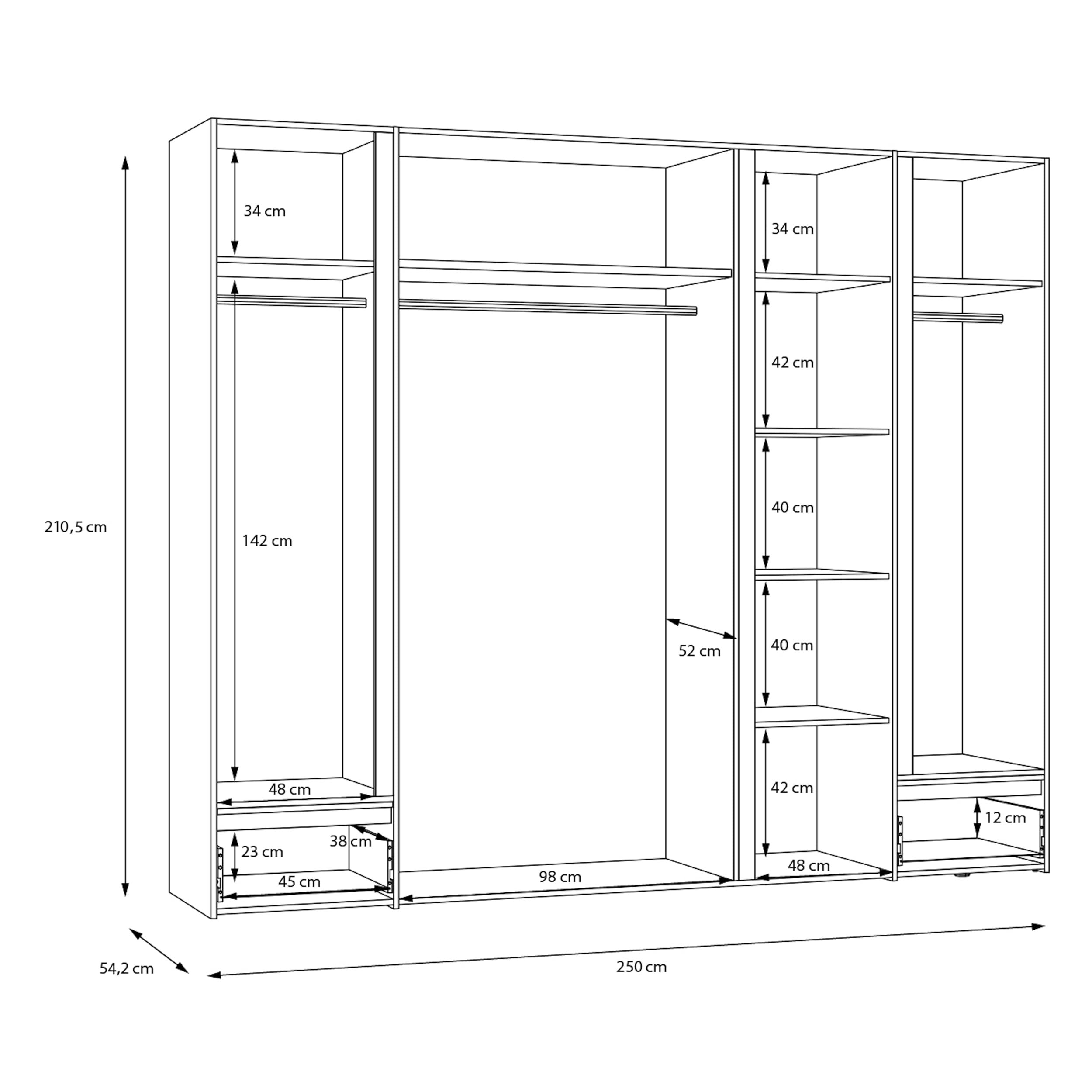 Forte LENYBELARDO Kleiderschrank 250, Moderner Dreh-/Schwebetürenschrank mit 4 Türen, Holzwerkstoff, Riviera Eiche/Weiß, 250 cm breit, 210,5 cm hoch, 54,2 cm tief