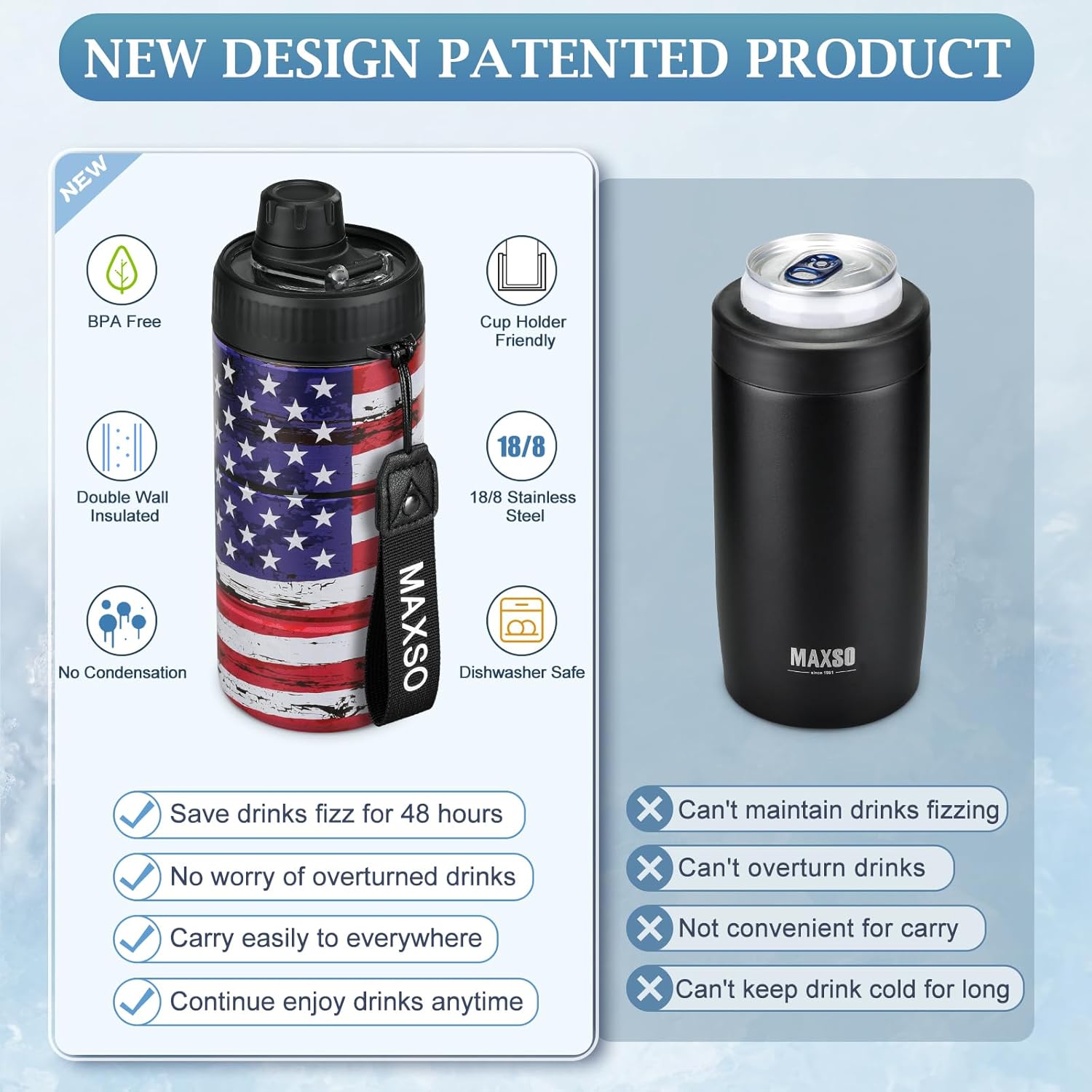 MAXSO Sealed Can Cooler Fizz Lid Can Cover for 12 oz Regular, Slim Skinny Cans & As Thermal Bottle, 4-in-1 Insulated Vacuum Stainless Steel Carbonated Cold Drink Holder -America Flag