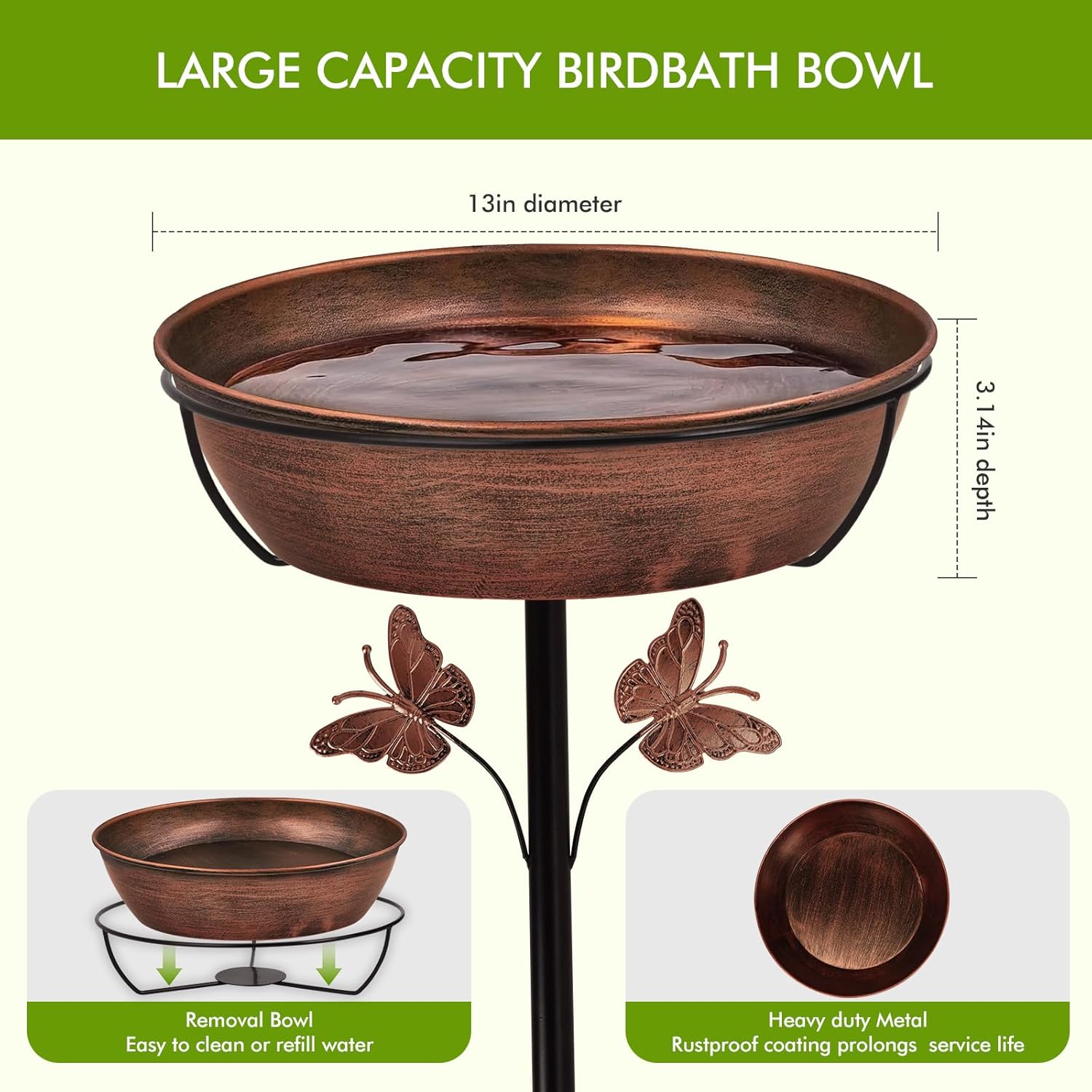 Metal Bird Bath Feeder for Outside – 3.14’’ Deep Birdbaths Bowl with Stable Stake & Upgraded 5-Pronged Base, 13’’ Dia Freestanding for Garden Yard Lawn Decor, 44’’ Tall Easy Clean 1.5 Gallon