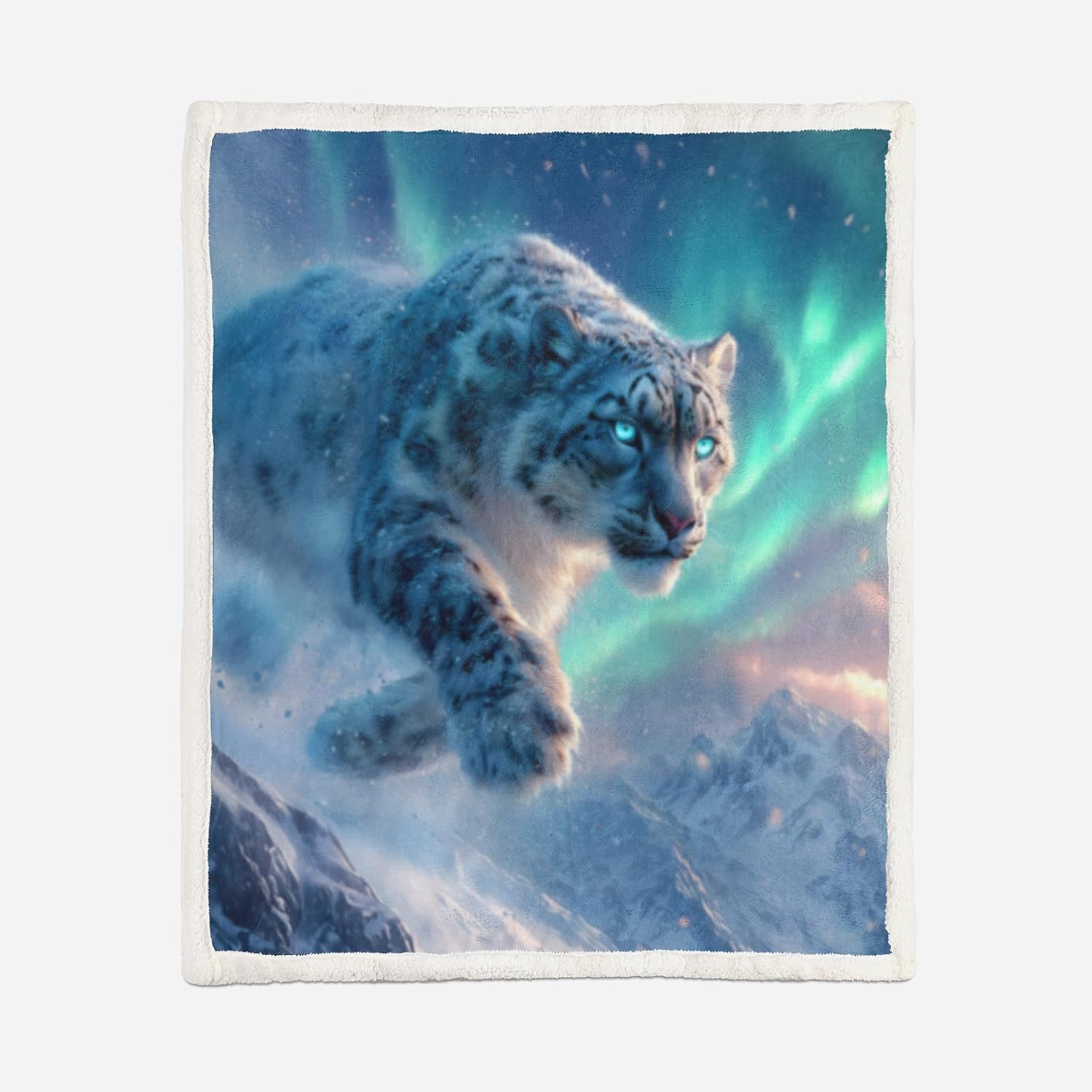 AILONEN 3D Snow Leopard Throw Blanket,Snow Mountain Northern Lights Animal Fleece Sherpa Blanket for Kids Teens,Wild Animal Themed Soft Cozy Warm Blankets, 59 x 47 Inches