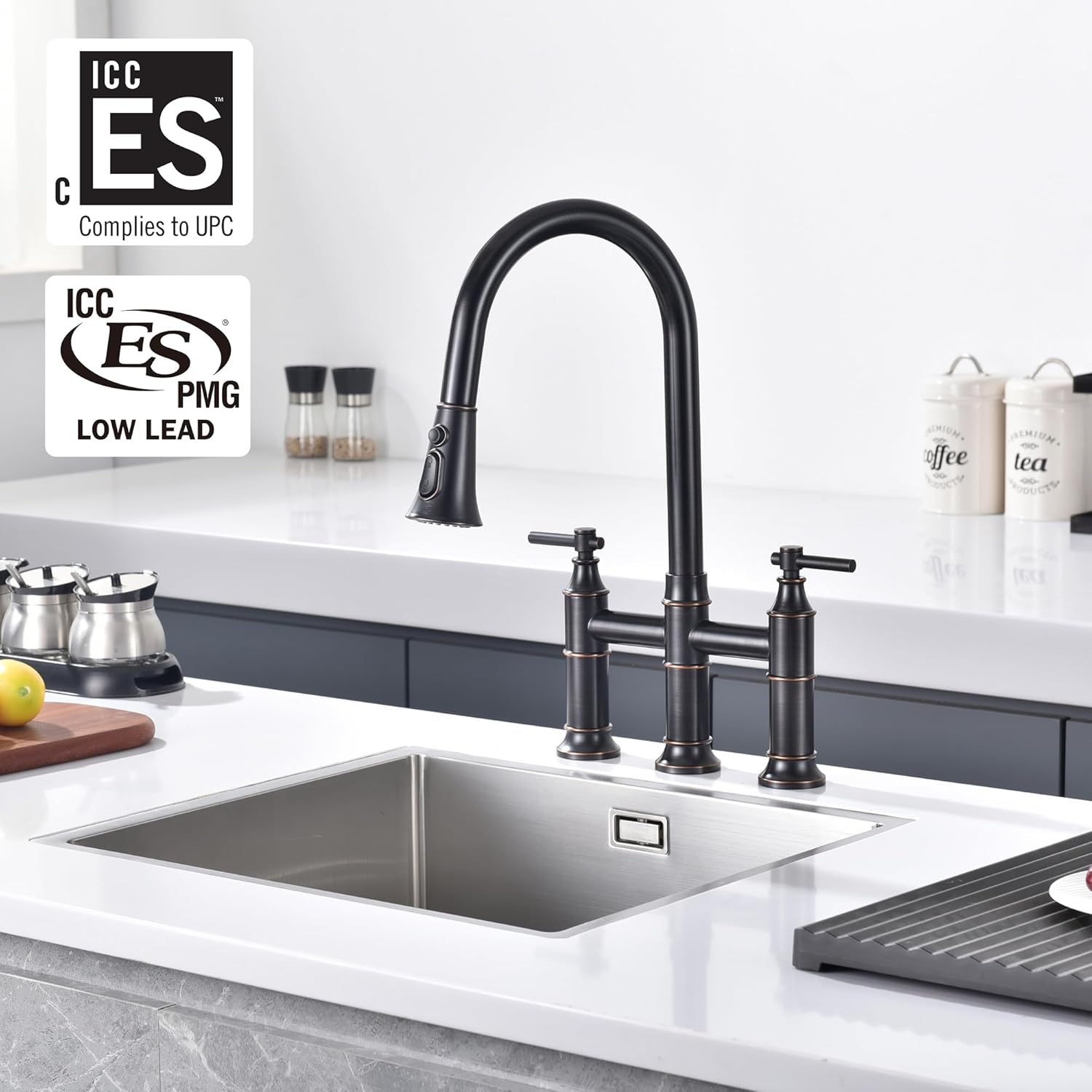 SUMERAIN Bridge Kitchen Faucet with Pull Down Sprayer, 3 Hole Kitchen Sink Faucet 2 Handle 8 Inch Faucet for Kitchen Sink Stainless Steel Oil Rubbed Bronze