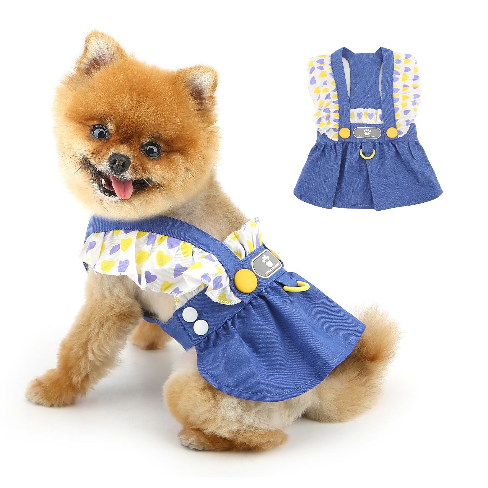 PAIDEFUL Denim Dog Dress for Small Dog Female Cute Ruffles Pet Princess Dresses Soft Puppy Heart Strap Jean Skirt Breathable Doggie Sundress Summer Chihuahua Clothes Cat Apparel D-Ring,Light Blue,S