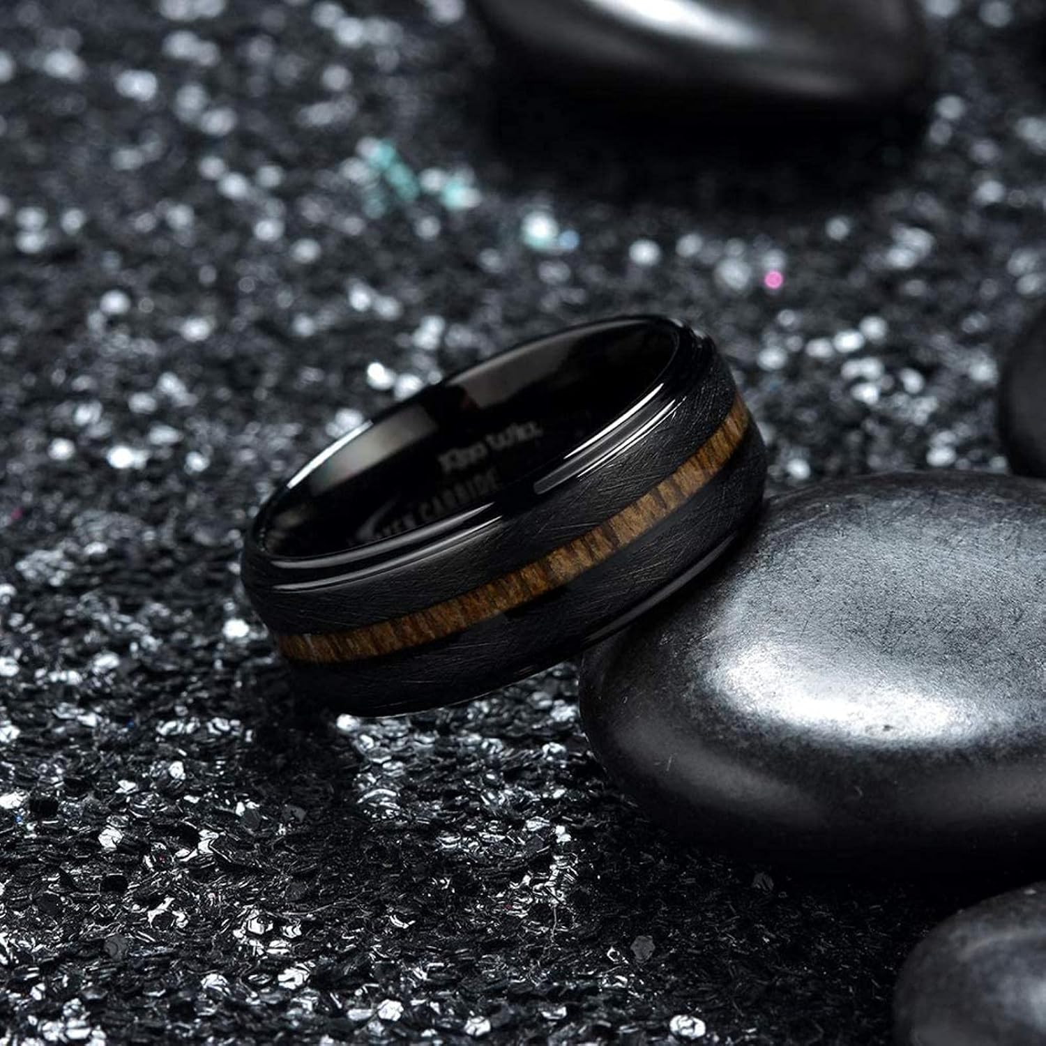 Luxury 8mm Men's Black Tungsten Carbide Ring Hawaiian Koa Wood Inlay Matte Brushed Finish Men's Promise Ring Men Wedding Band image 3