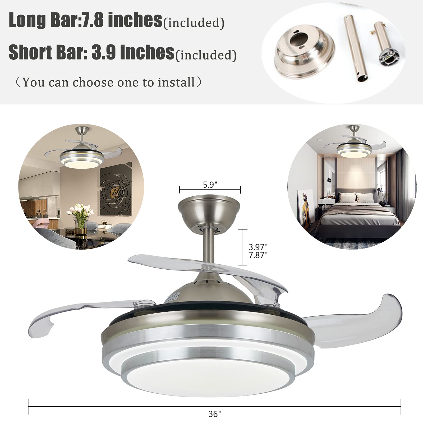 Ventilatore da soffitto da 36" con illuminazione, telecomando Invisible Fan lampadario 4 lamelle per sala da pranzo, ristorante, soggiorno, camera da letto