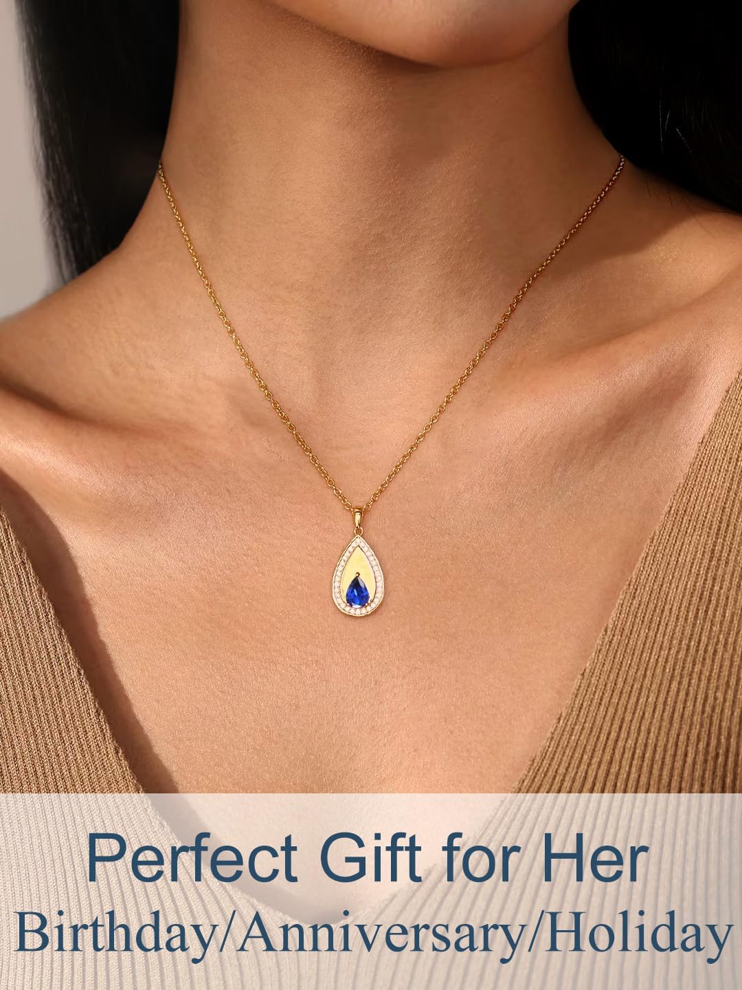 Birthstone Pendant Necklaces for Women 925 Sterling Silver Teardrop Pendant Necklace Birthday Jewelry Gift, 18"+2" Inches - Image 3