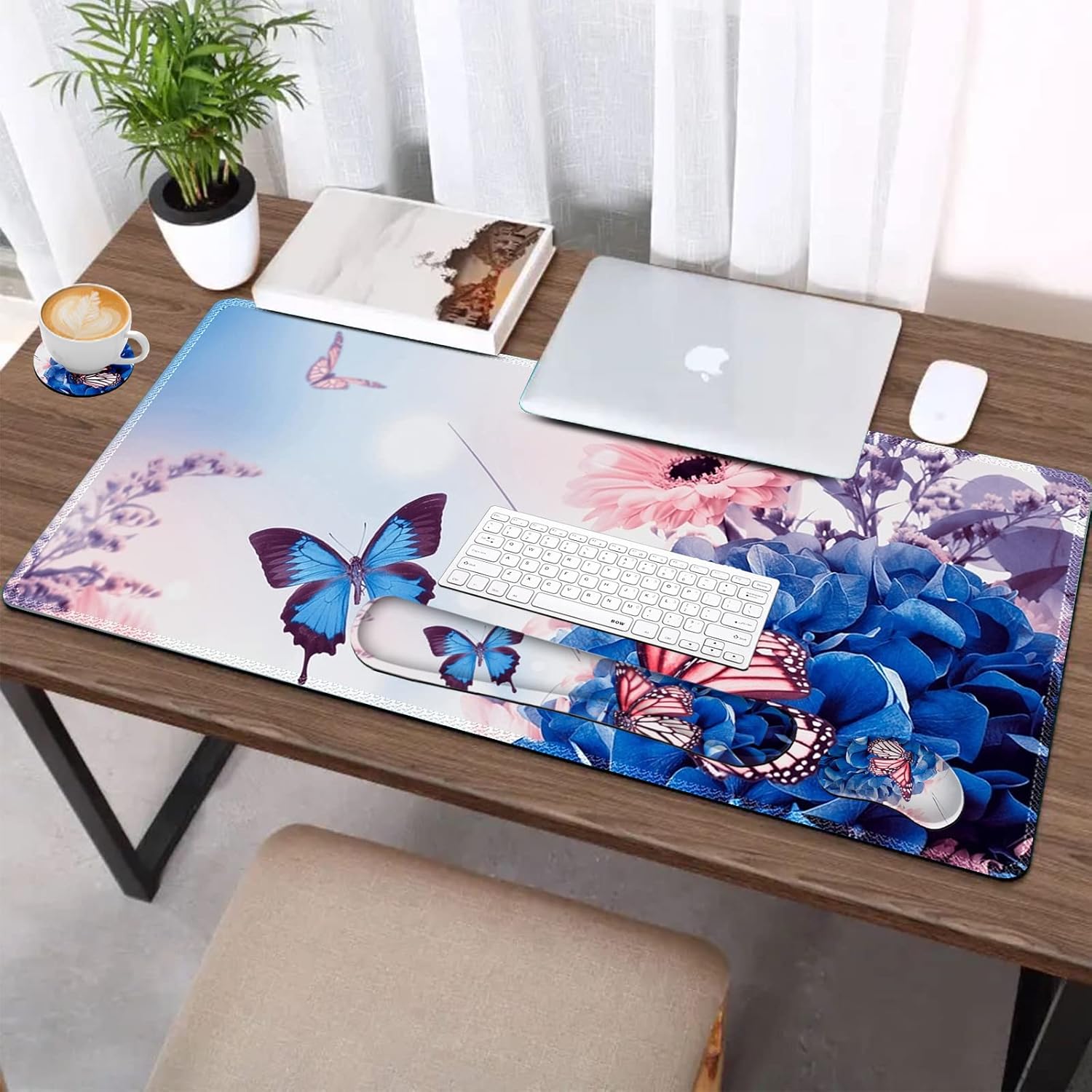 AIMSA Large Gaming Mouse Pad Set, Keyboard Wrist Rest Support Mouse Pad, Ergonomic Memory Foam Multifunctional Extended Desk Mat 35x15.7in Anti-Slip Rubber Base for Office Home, Butterfly Flower - Image 6
