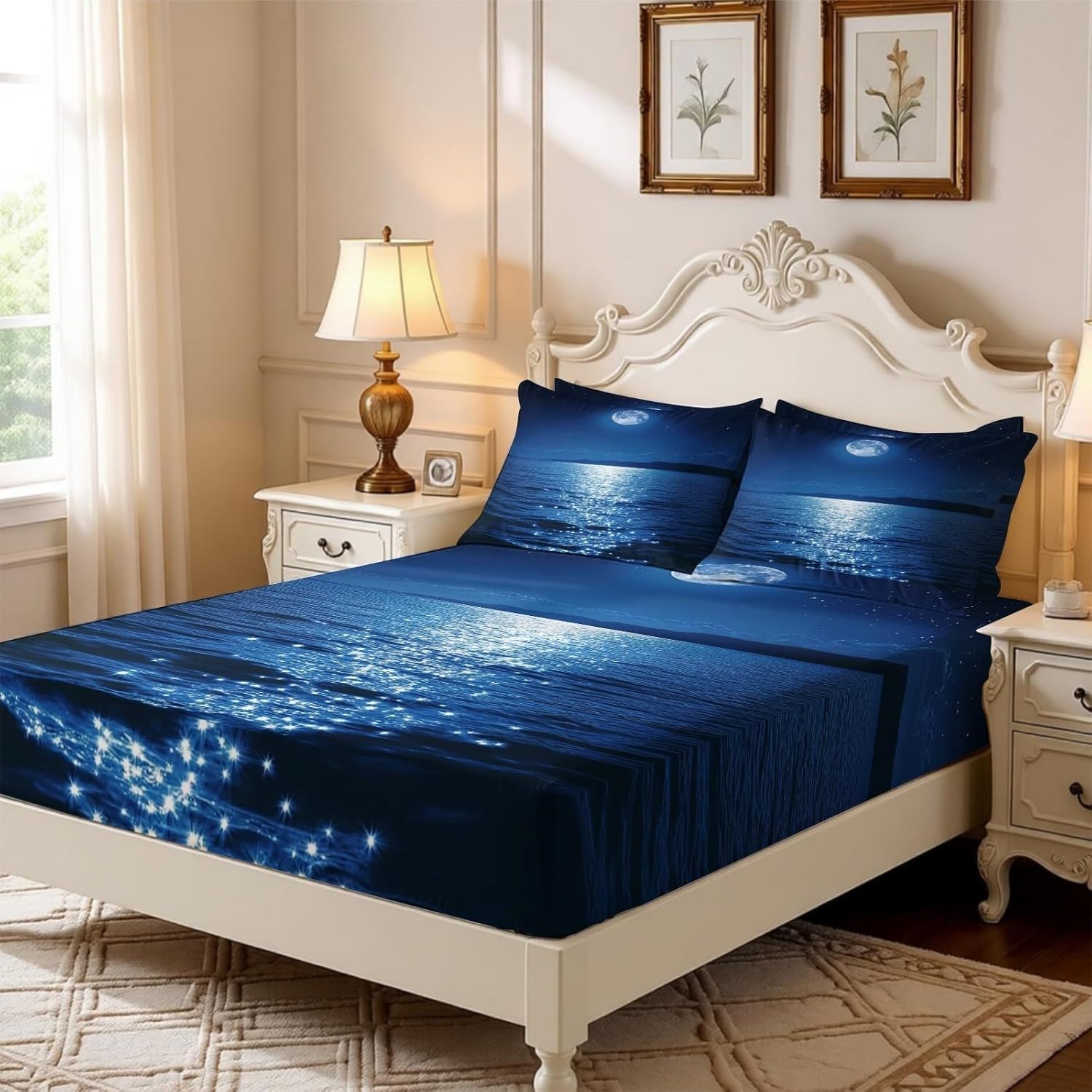 Spannbettlaken 200x200 Mond Spannbetttuch Meer Bettlaken Boxspringbett mit Gummizug Spannbettuch Mikrofaser für Matratzen von 30 cm Mit 2 Kissenbezüge 80x80 cm