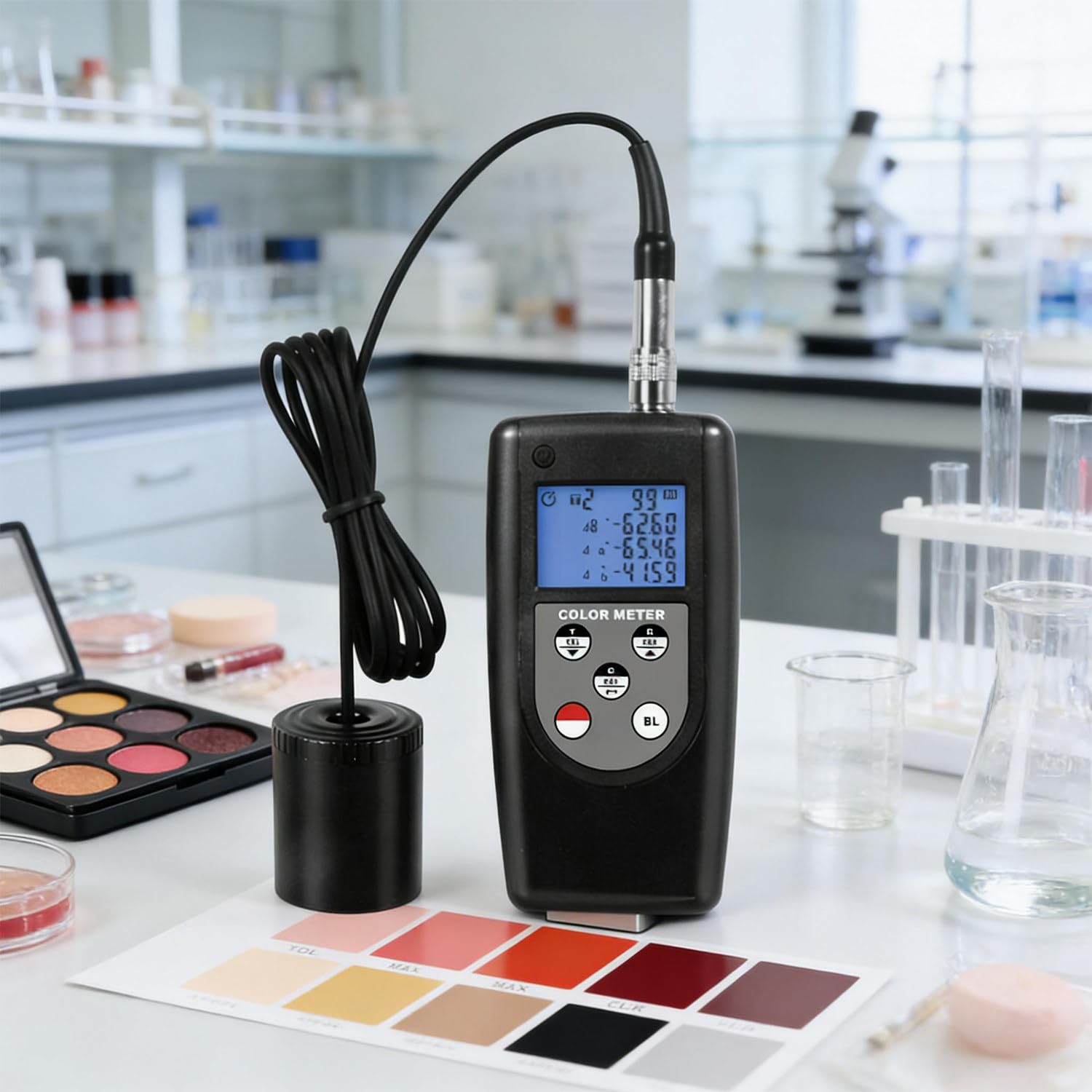 Cyfrowy kolorymetr z podświetlanym wyświetlaczem LCD, 99-grupowe przechowywanie danych, obszar pomiaru φ10 mm, oświetlenie 45°/pomiar 0°, automatyczne statystyki