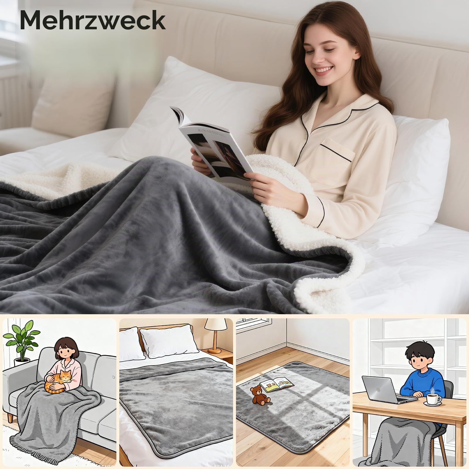 Qoosea Heizdecke mit Abschaltautomatik 160x130 cm Elektrische Flanell-Heizdecke mit 9 Wärmestufen & 9 Timer-Einstellungen LED-Anzeige Waschmaschinenfest Heizkissen für Bett Sofa Office Geschenk