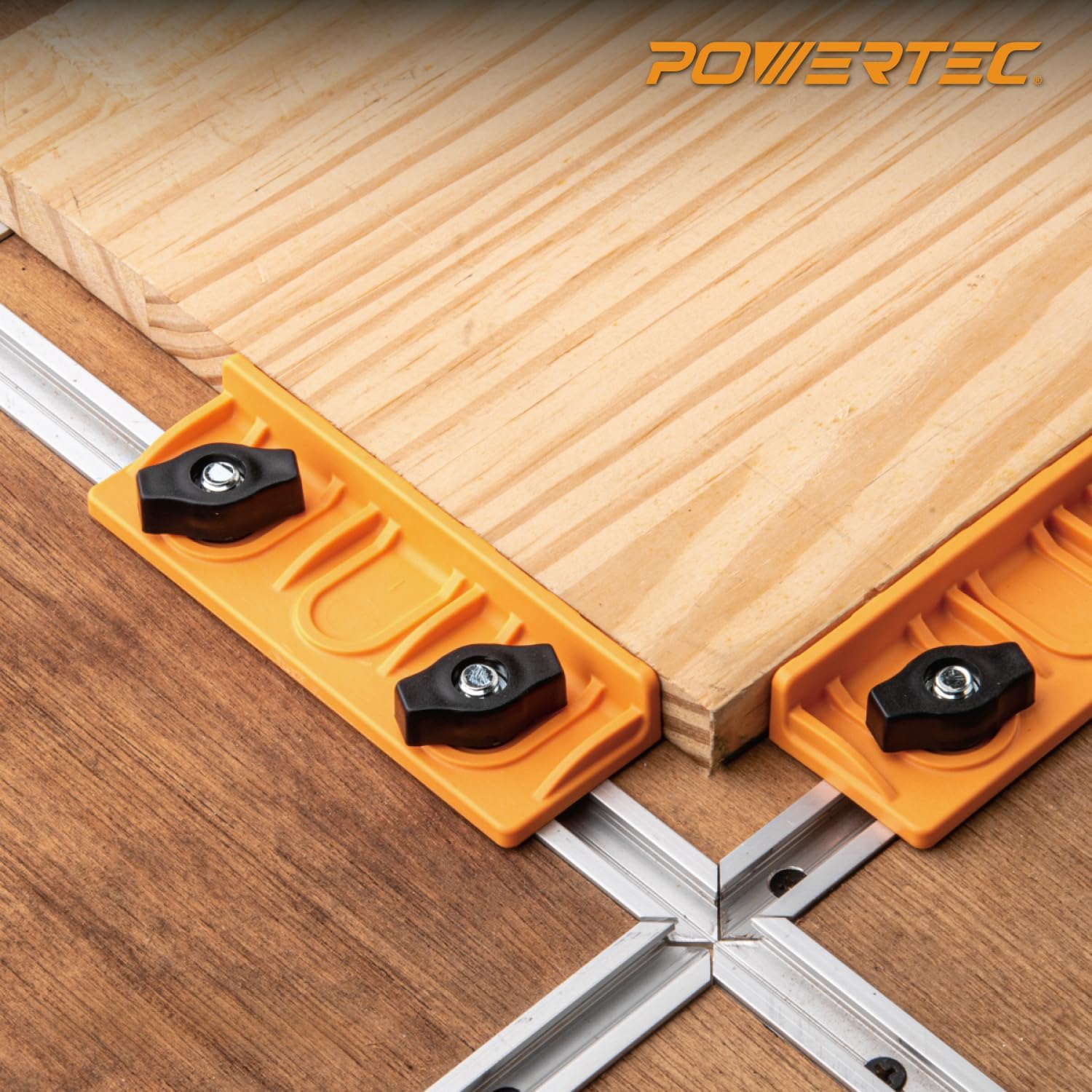 POWERTEC T-Track Long Stop Kit – Universal T-Track Stop Block Set for Woodworking, Sanding, Routing, and CNC Table Applications, 2 Pack (72386)