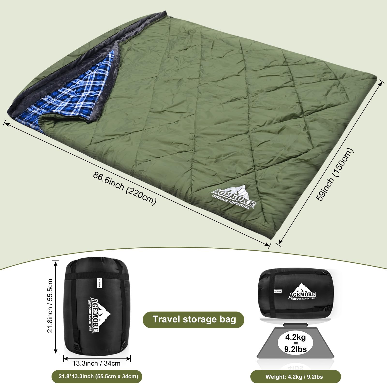 Saco de Dormir Doble de Franela de algodón con Capucha con Forro Polar, Impermeable, tamaño Queen, para 2 Personas, para Adultos, Clima frío, Camping, mochilero o Senderismo, 3-4 Estaciones