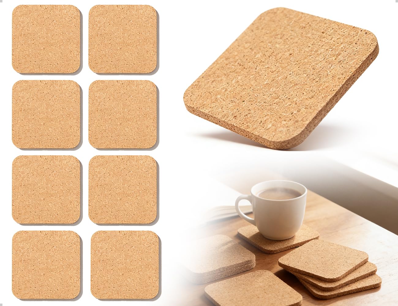 OHYANYAO 8 Stück Korkuntersetzer Quadratisch,Holz Untersetzer,Hitzebestaendig Korkuntersetzer,Wiederverwendbar rutschfeste Untersetzer,für Zuhause,Küche,Wohnzimmer,Schlafzimmer,Büro,Café