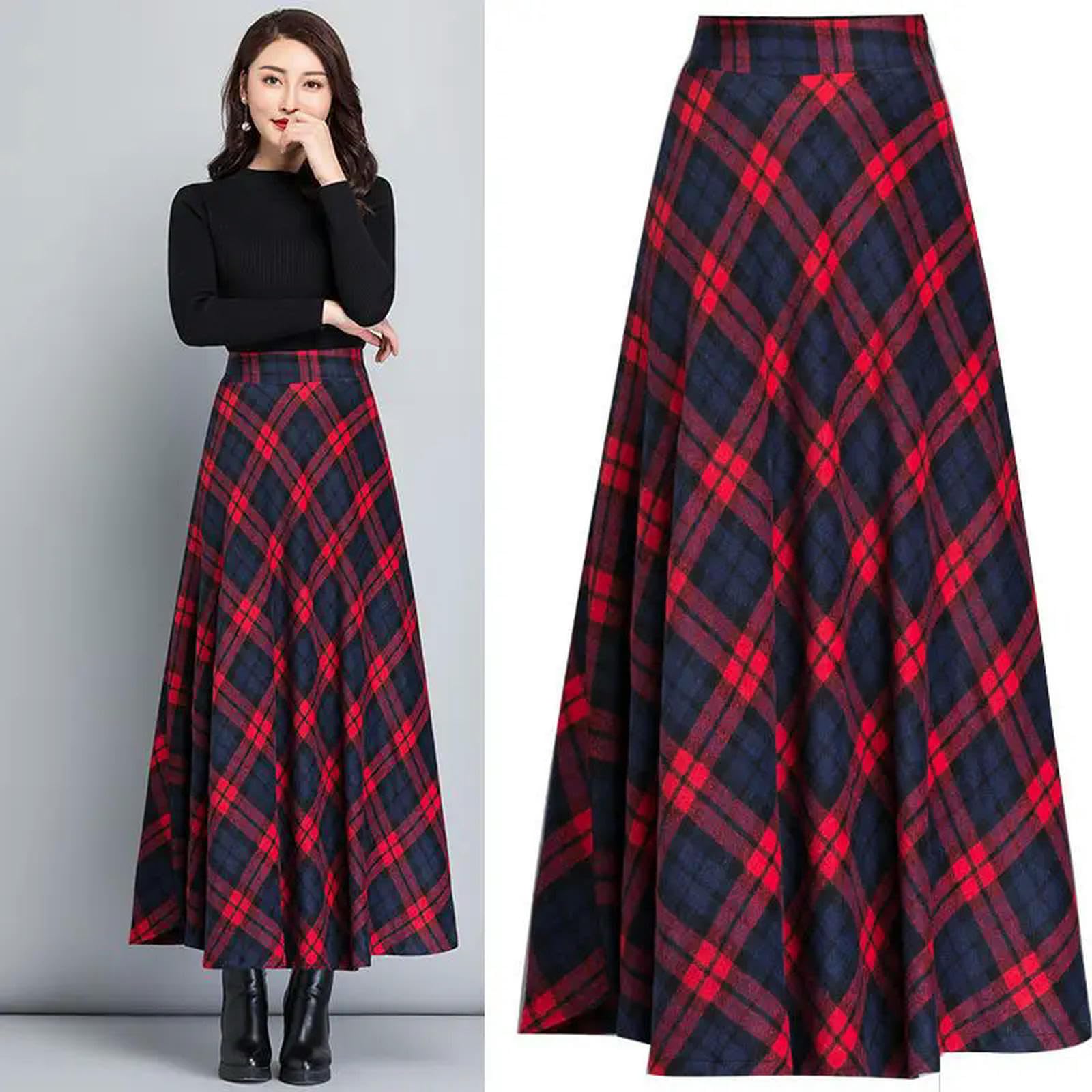 Mdybf Gonna Lunga Donna Autumn Inverno Inverno A Quadri Rossi Ad Alta Vita con Gonne A Lunghezza A-Riga Tartan-Un-l
