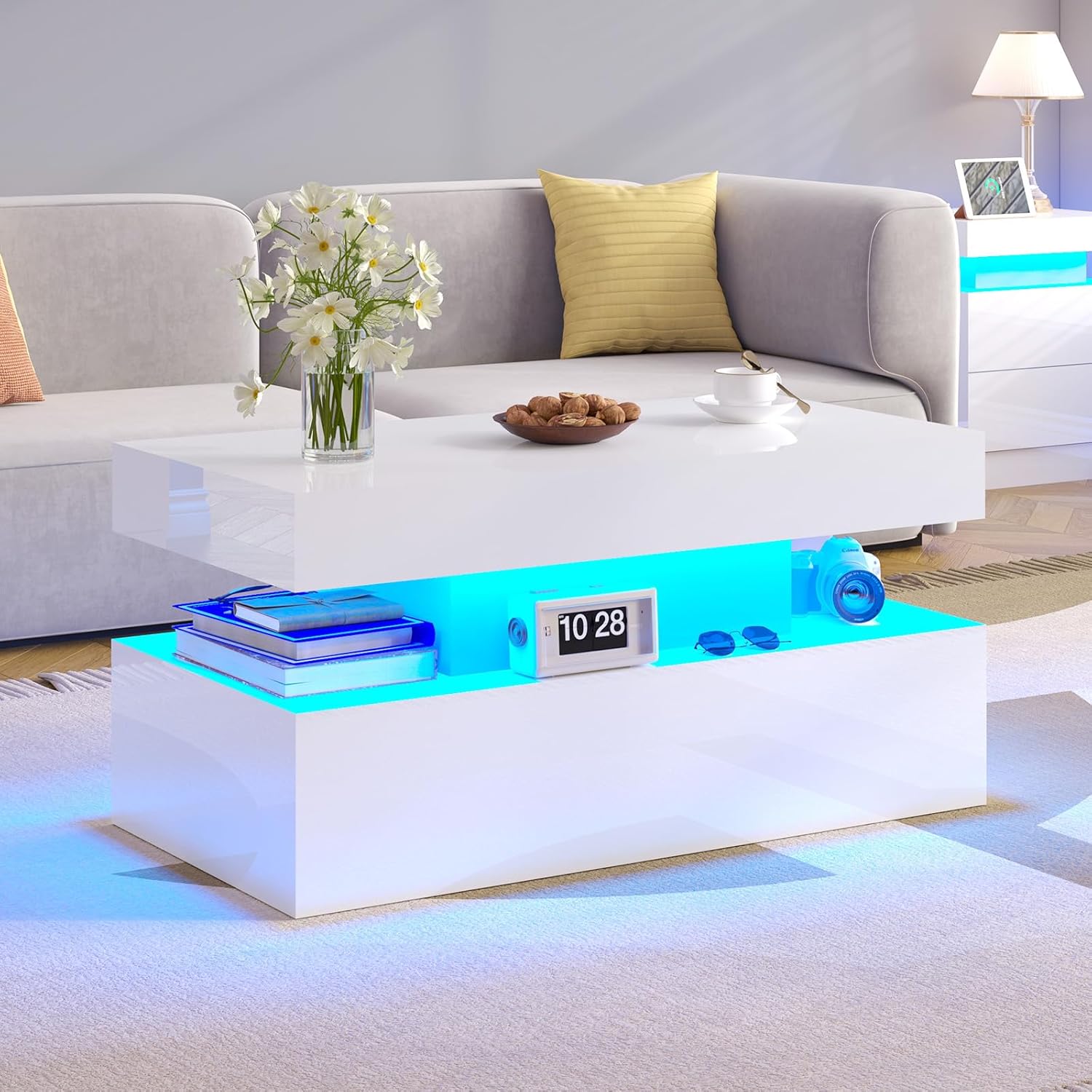 Coffee Table with LED Light, Modern High Gloss Finish Center Table with 2-Tier Storage Space, Minimalist Coffee Table for Living Room, Office, White