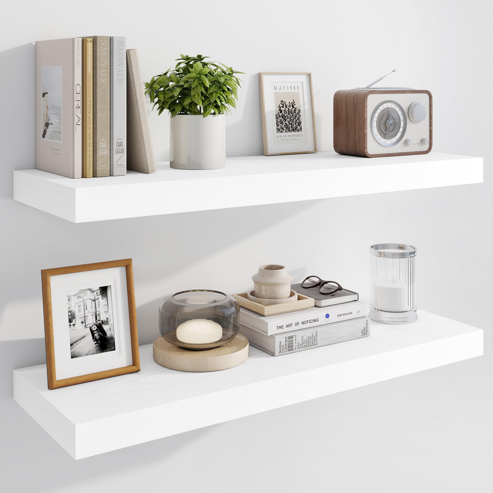 Marsmiles 30" Floating Shelves for Wall, Wooden Shelves with Invisible Brackets Set of 2, Rustic Farmhouse Wall Mounted Shelf for Kitchen Bathroom Living Room Study, White — image 1