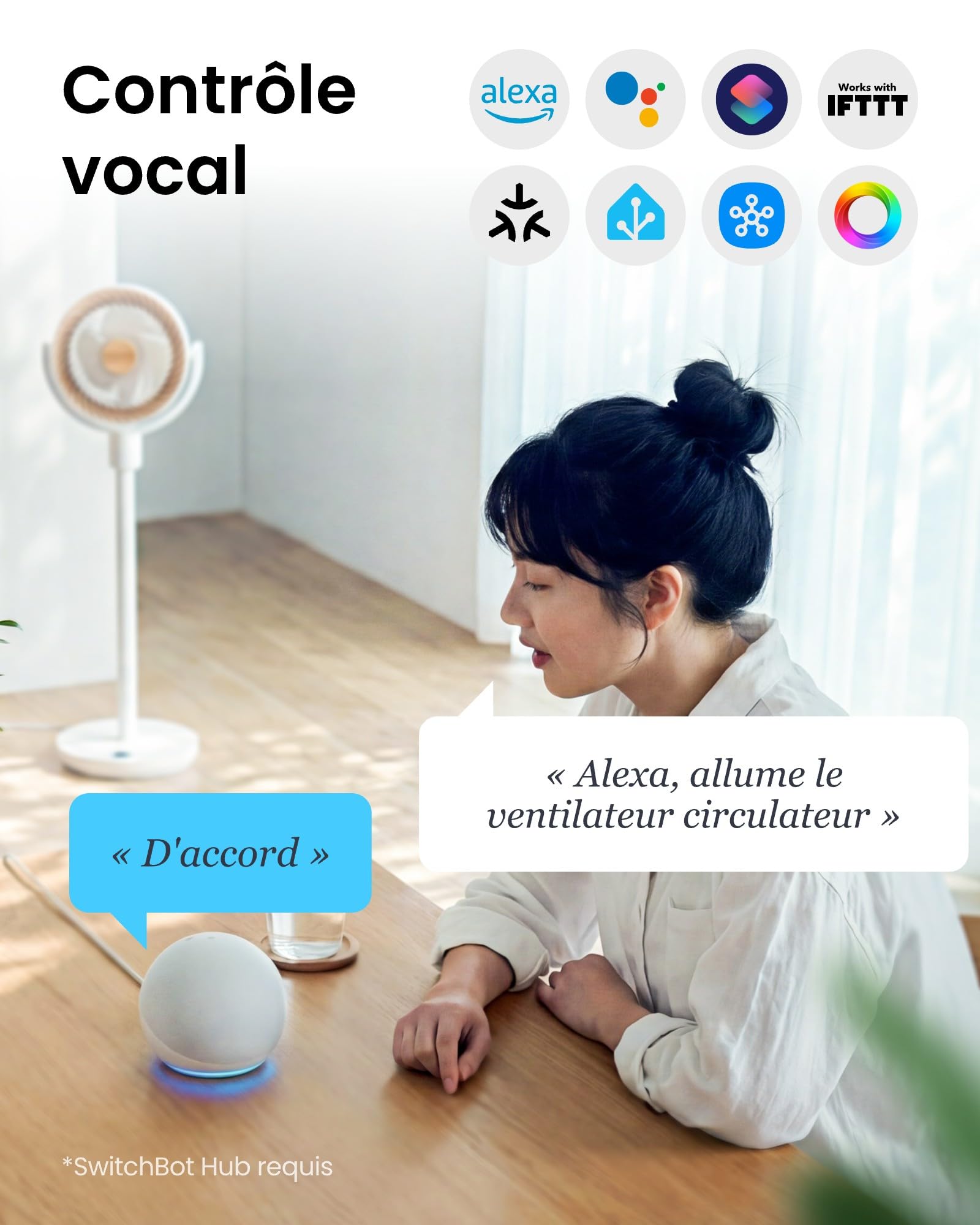 SwitchBot Ventilateur sur pied oscillant, éclairage RGB, 22 dB ultra-silencieux, télécommande, compatible Matter via Hub, débit d'air 9,15 m³/min, hauteur réglable, 4 modes, 9 vitesses, minuterie 9 h
