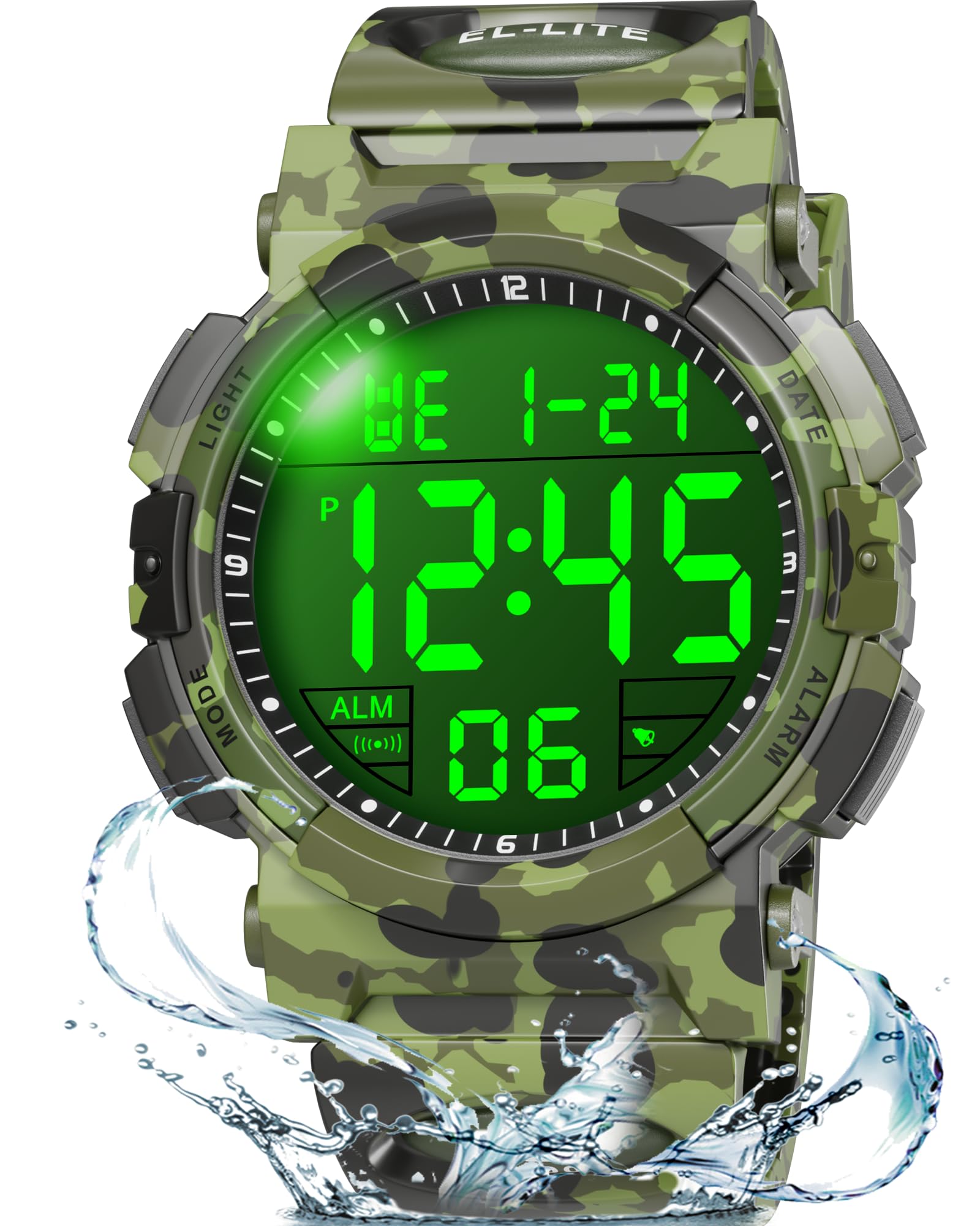 Edillas Orologio digitale impermeabile fino a 30 m con sveglia, per ragazzi attivi (verde mimetico)
