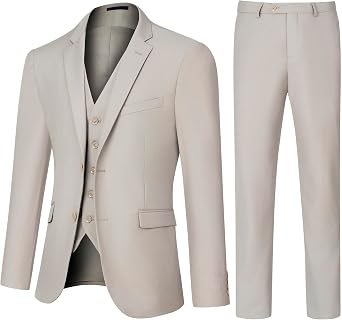Mens Slim Fit 3 Piece Suit Set, Two Button Solid Blazer Jacket with Multi-Functional Pockets for Business/Party