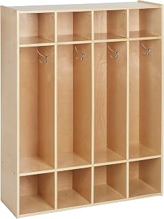 ECR4Kids Streamline 4-Section Coat Locker Natural Birch - Classroom Cubby Storage with Hooks for Kids