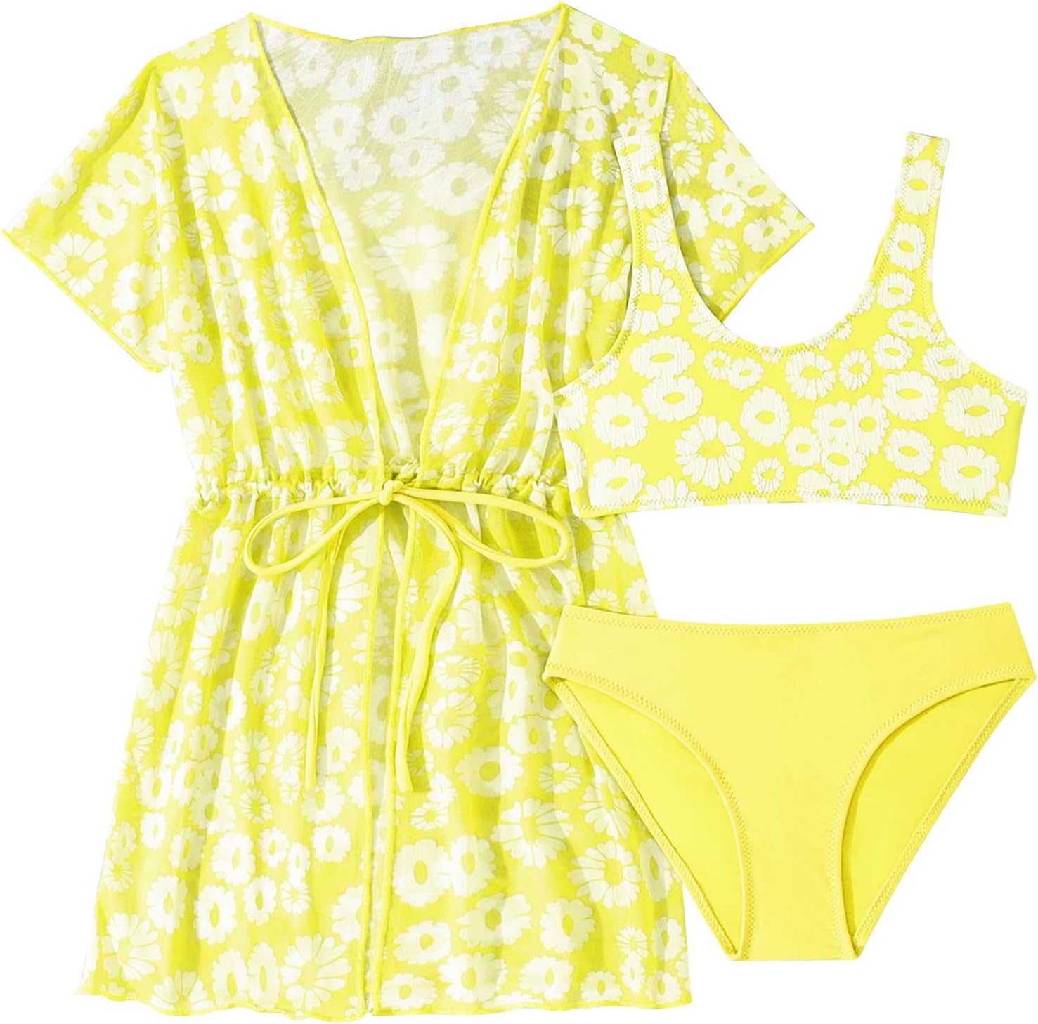Kids Girls 3-Piece Spaghetti Straps Swim Tops and Bottom Set Bathing Suit Swimsuit with Dress Cover Up