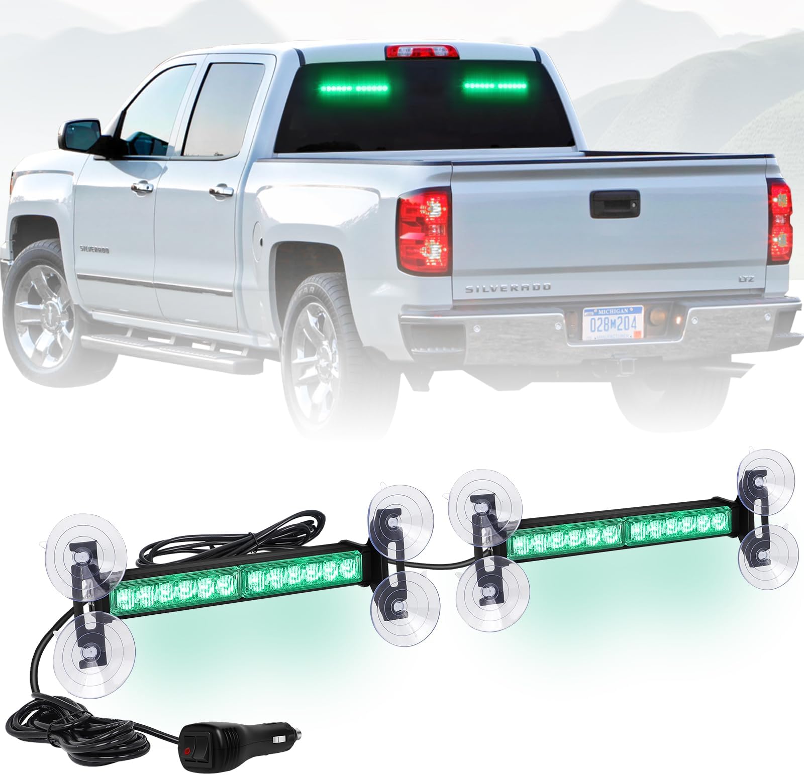 2X 10.7 inch Green Emergency Lights 24 LED Strobe LED Bar Warning Flashing Safety Dash Side Window Front/Rear Windshield Lights Grill Surface Mount for Firefighter Vehicles POV Plow Trucks