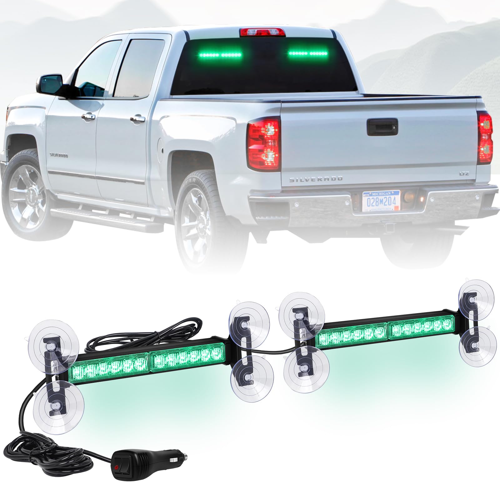 2X 10.7 inch Green Emergency Lights 24 LED Strobe LED Bar Warning Flashing Safety Dash Side Window Front/Rear Windshield Lights Grill Surface Mount for Firefighter Vehicles POV Plow Trucks