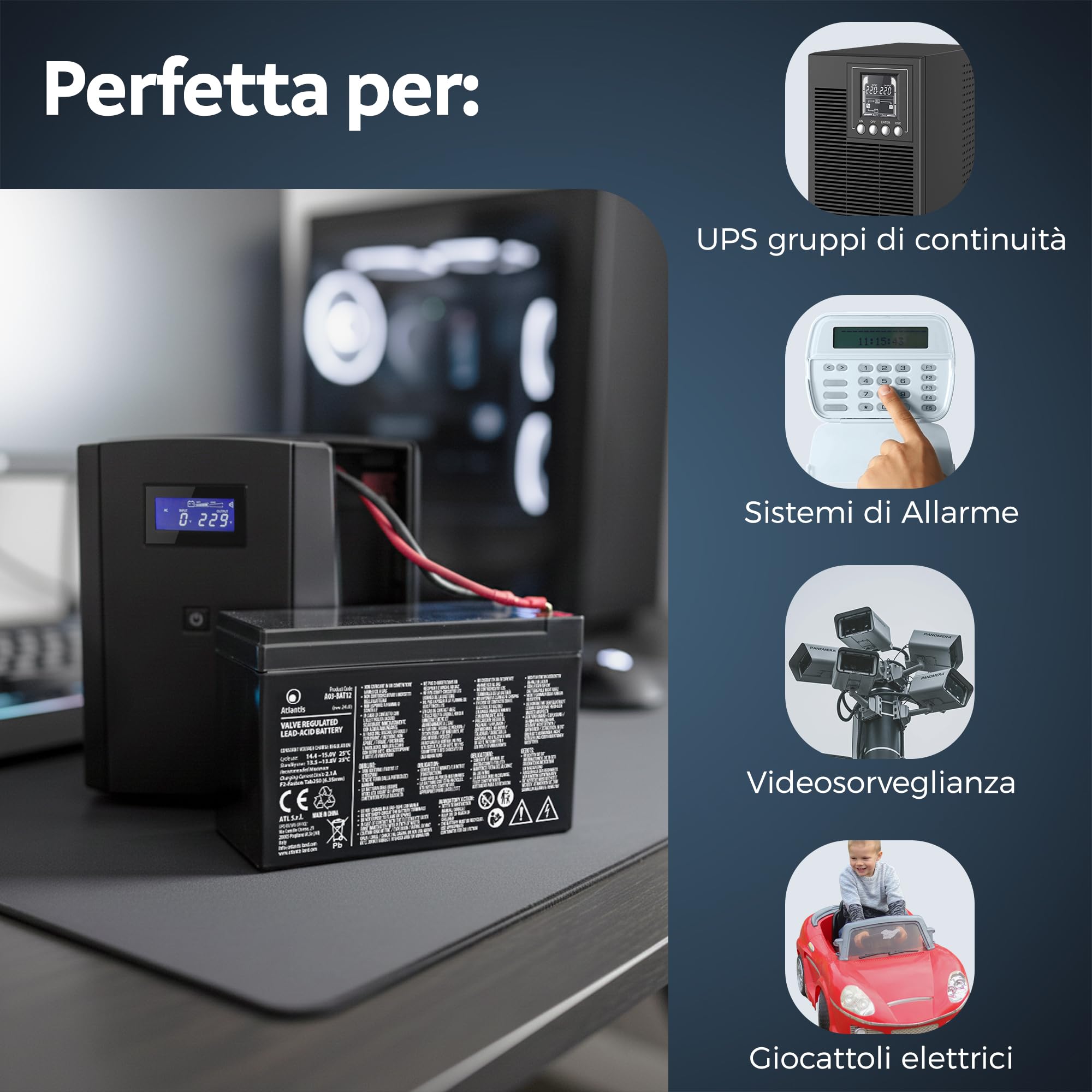 Atlantis batteria piombo ermetica VRLA 12v 7ah attacco faston F2 6,3mm per UPS