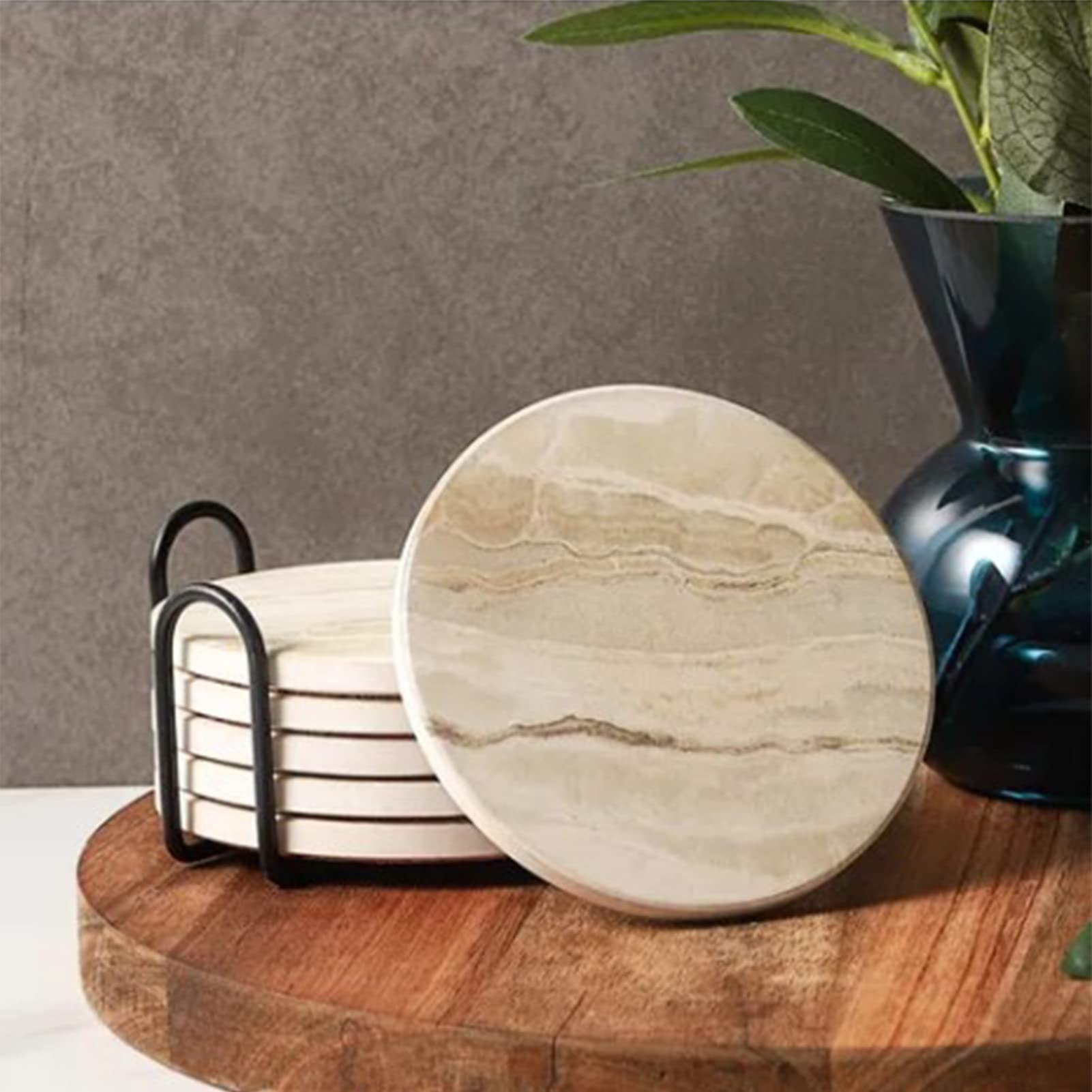 Tissting 6 Posavasos Mármol Blanco Cerámica 4in Soporte Metal Base Corcho | Tapetes Absorbentes Redondos Patrón Natural Decoración Hogar Cocina