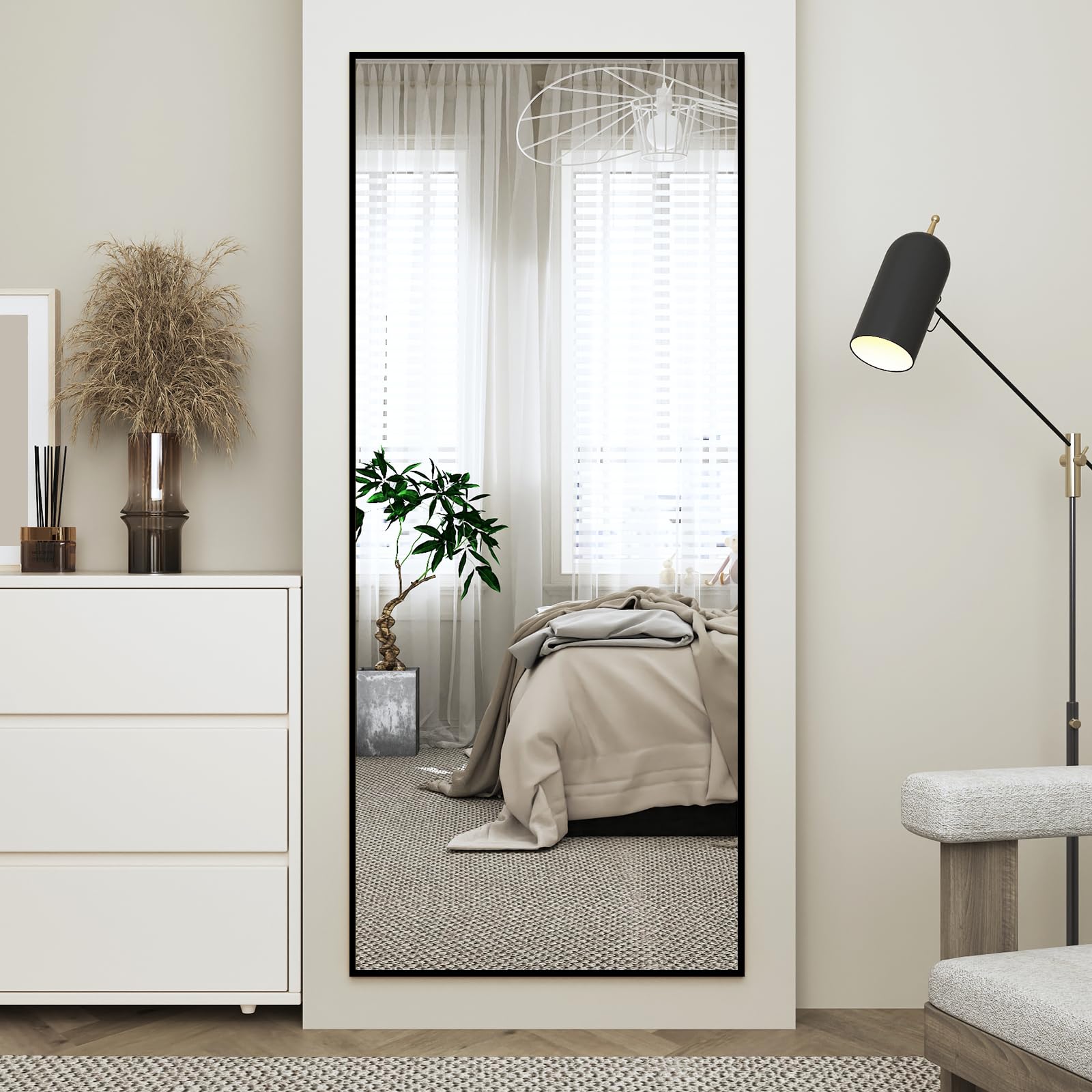 FOYEESION Full Length Mirror with Stand - Large Floor Mirror for Wall-Mounted or Freestanding Use - Aluminum Alloy Frame Dressing Mirror for Home, Adjustable Tilt Design (Black-Rec, 71