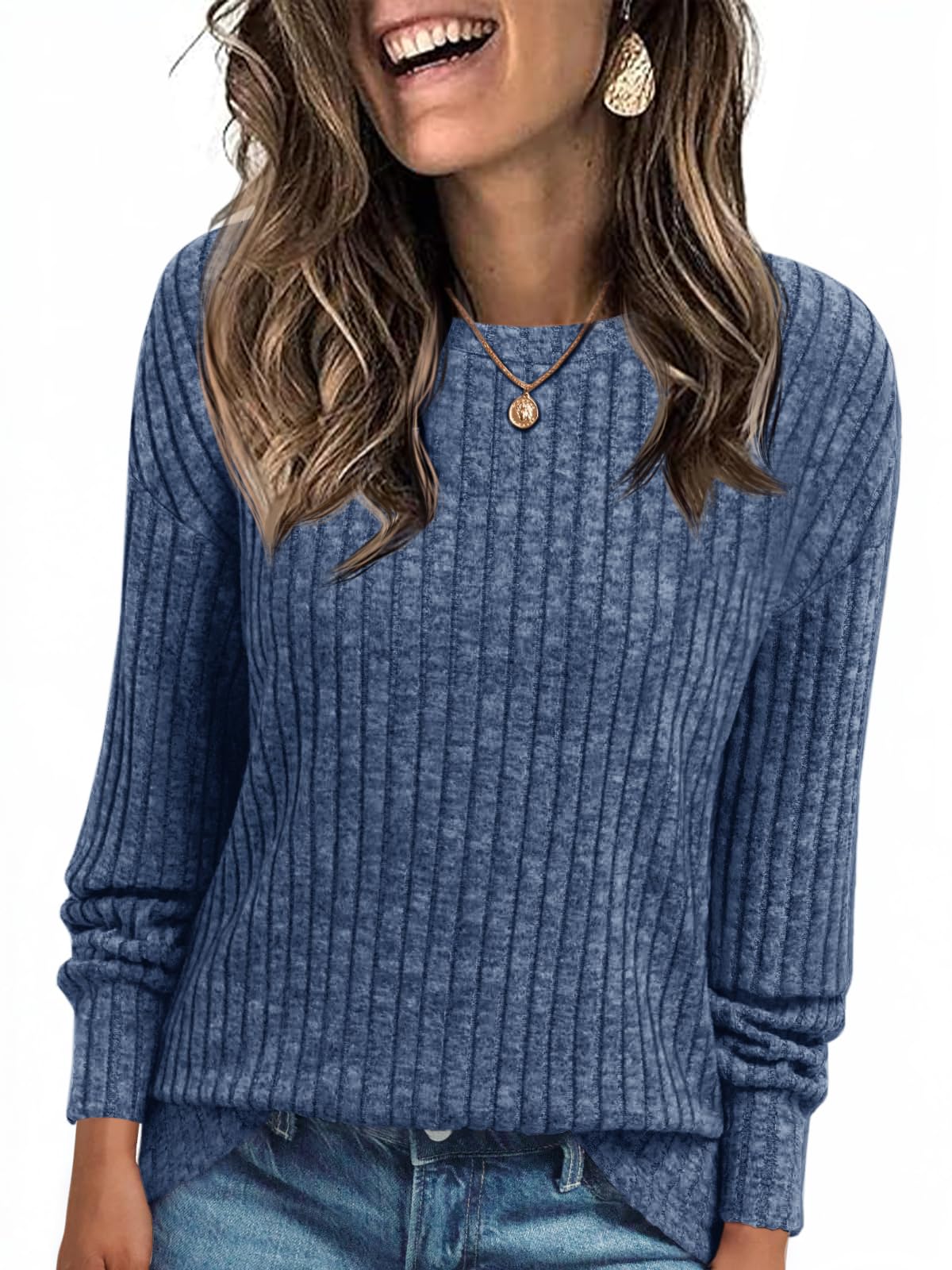 Cicy Bell Damen Pullover Leichter Rundhals Langarmshirt | Strickpullover,Oberteil,Loose Fit,Pulli,Oversize,Sweatshirt,Longsleeve,Casual,Bluse