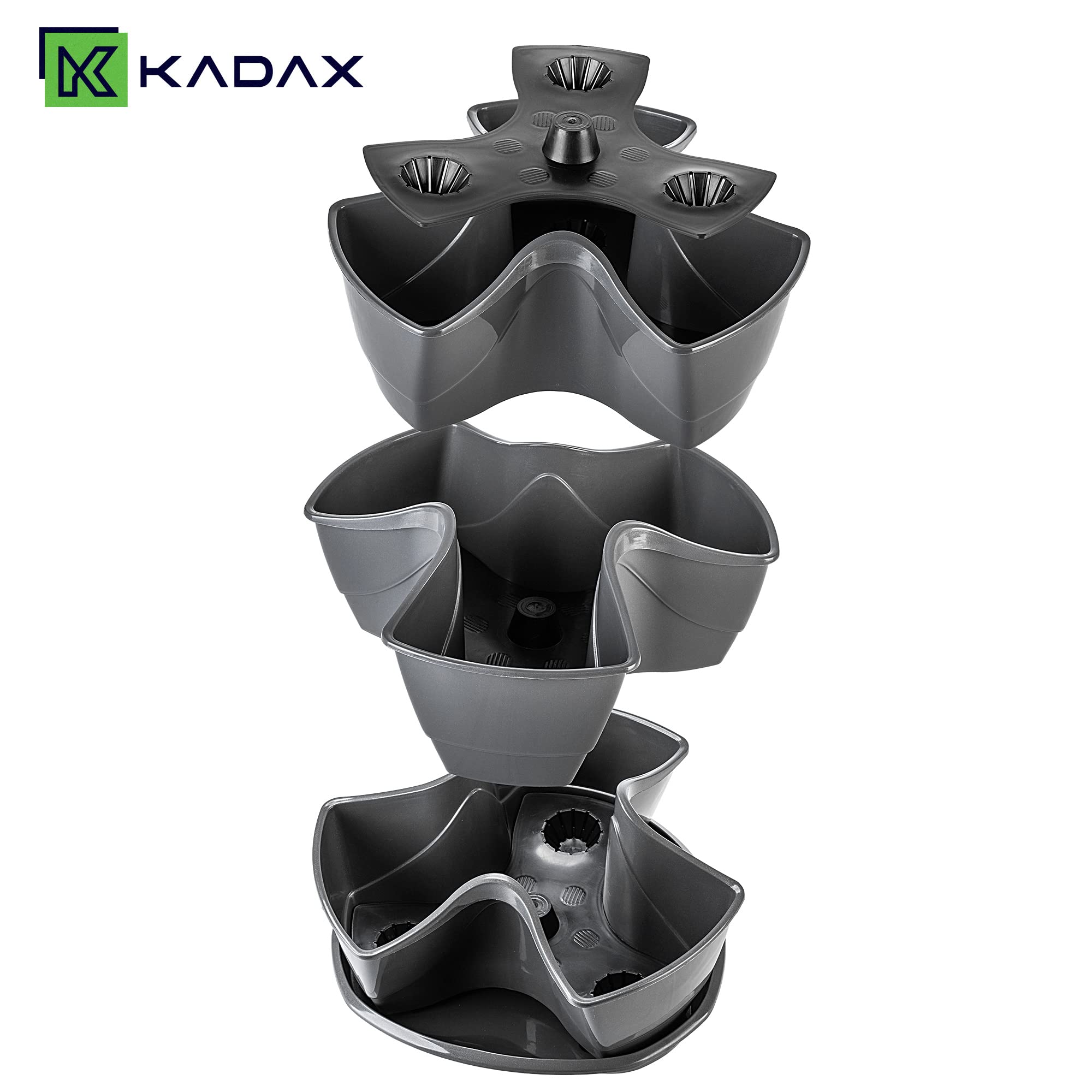 KADAX Pflanzturm, Vertikaler Kräutergarten aus robustem Kunststoff, 3L/9L Säulentopf, Vertikaler Garten für Balkon, Terrasse, Stapelbare Pflanztöpfe (Stehend 3, Graphit)