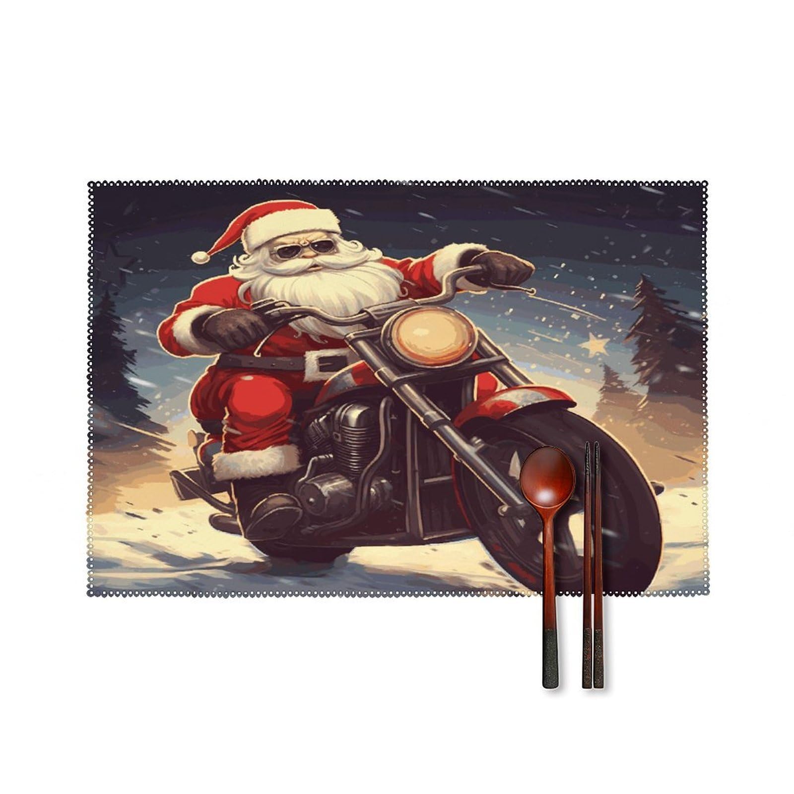 Santa Claus Biker Riding Placemats Set of 4 Canvas Place Mats Non-Slip Heat Resistant Table Mats Washable Waterproof Placemat Wipeable Tablemats for Kitchen Dining Decor Place Mat